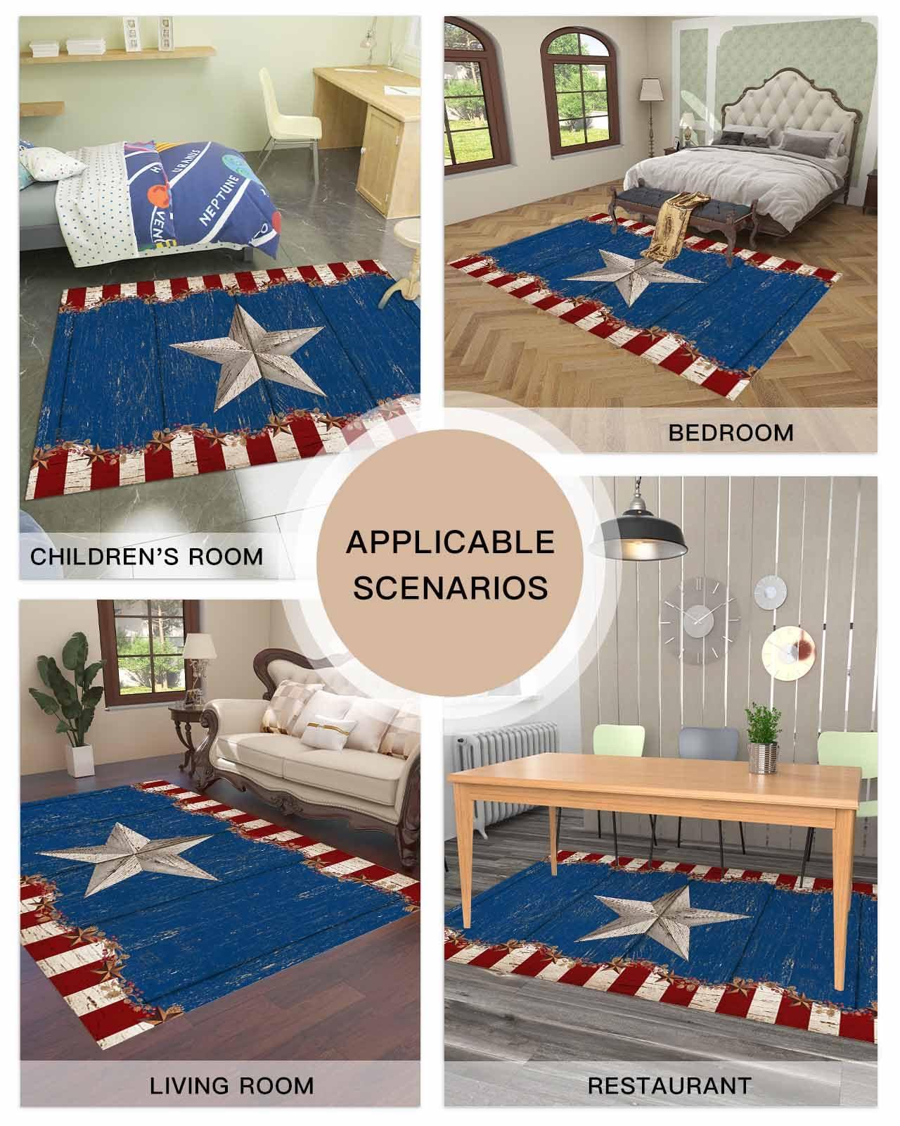 PIEPLE Rustic Stars Country Large Rectangular Area Rugs 3' x 5' Living Room, Durable Non Slip Rug Carpet Floor Mat for Bedroom Bedside Outdoor Red Blue Berry Farmhouse Wood