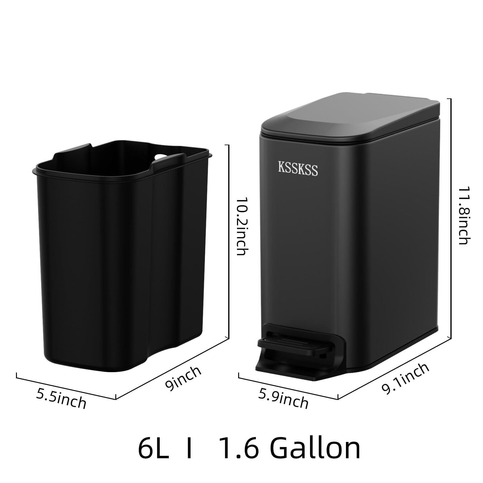 KSSKSS KSSKSS Small Bathroom Trash Can with Soft Close Lid, 6L / 1.6 Gallon Stainless Steel Garbage Can with Removable Inner Bucket, Step Pedal, Slim Wastebasket for Bedroom, Home Office (Matt Black)