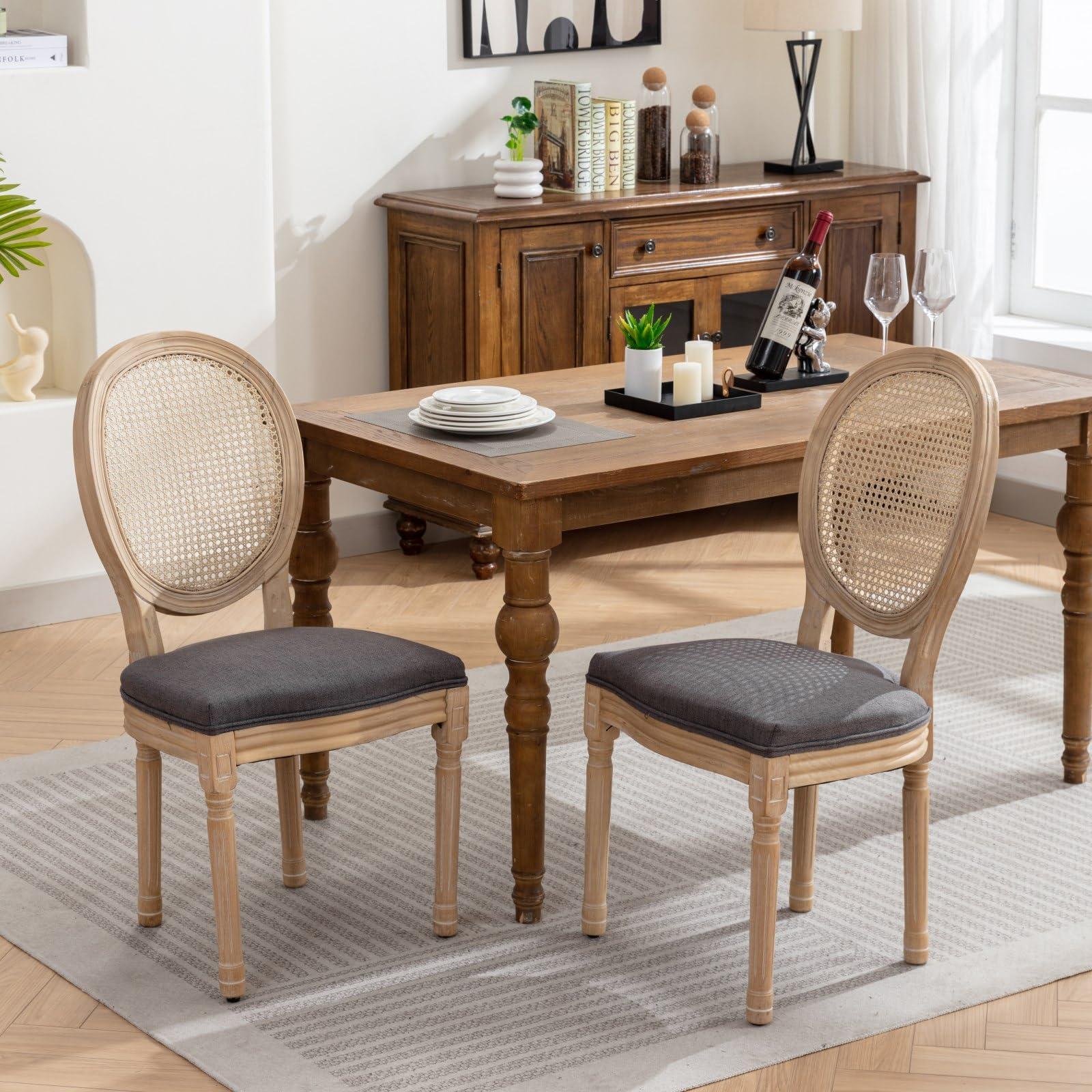 HMFULE HMFULE French Country Dining Chairs Set of 2, Rattan Dining Chair with Linen Fabric and Carved Solid Wood Frame Farmhouse Dining Room Chairs for Living Room, Kitchen, Restaurant Rattan Grey