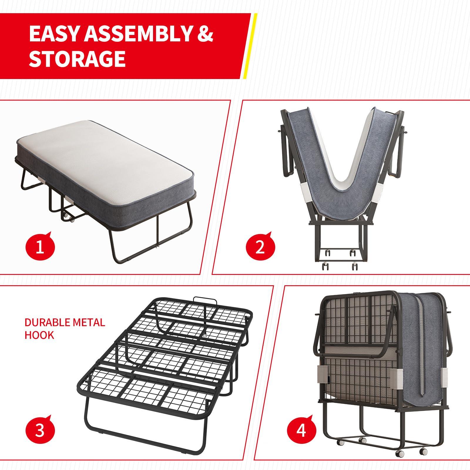 PUREMIND PUREMIND Folding Bed with Mattress for Adults, Portable Rollaway Guest Beds with 4\" Memory Foam Mattress & Metal Frame, Twin Size Foldable Bed Fold Away Bed Space Saving