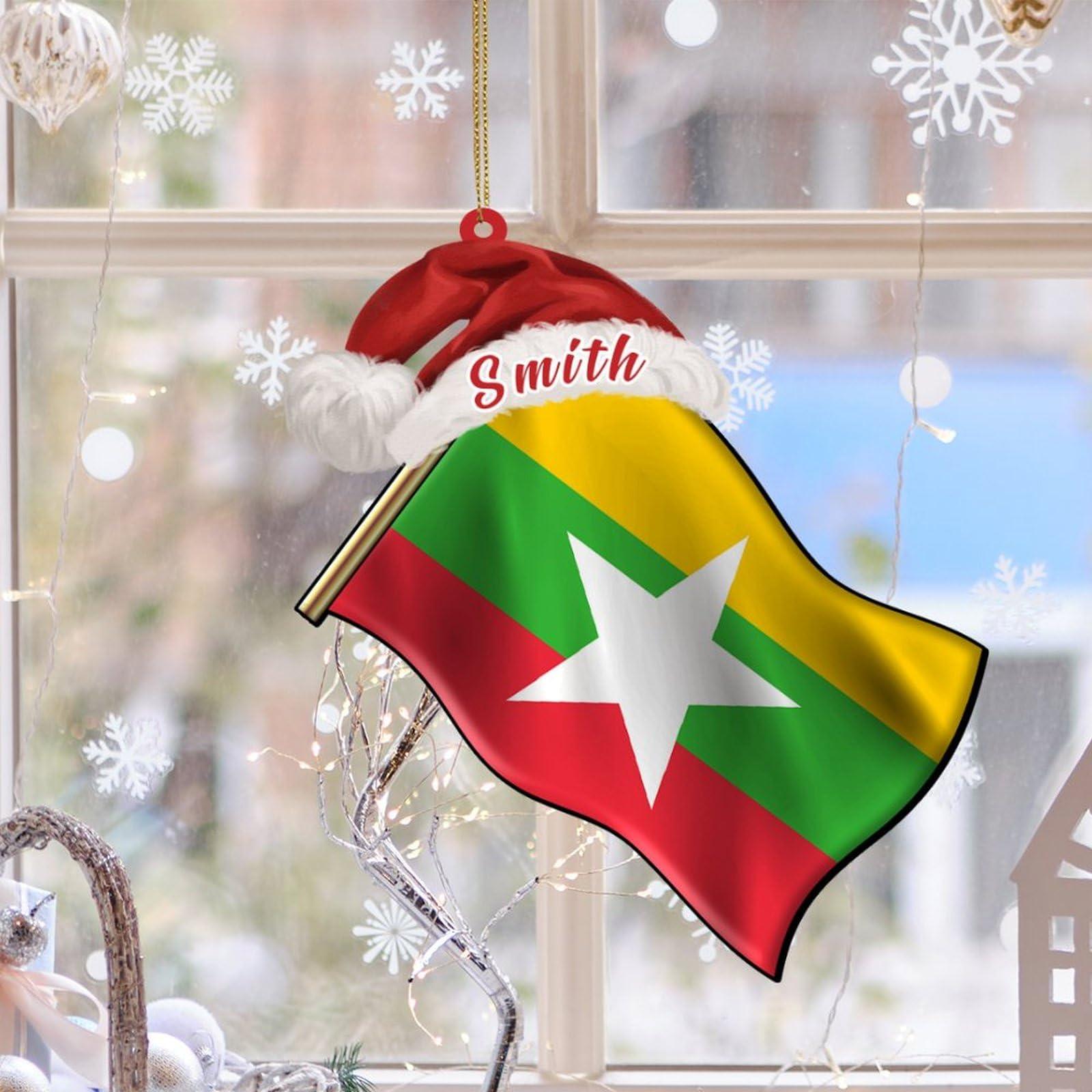 UanMere Burma Flag Acrylic Christmas Ornament Country Keepsake for Travel Friends for Burma Brother Memorial National Day Burma Personalized Acrylic Keepsake