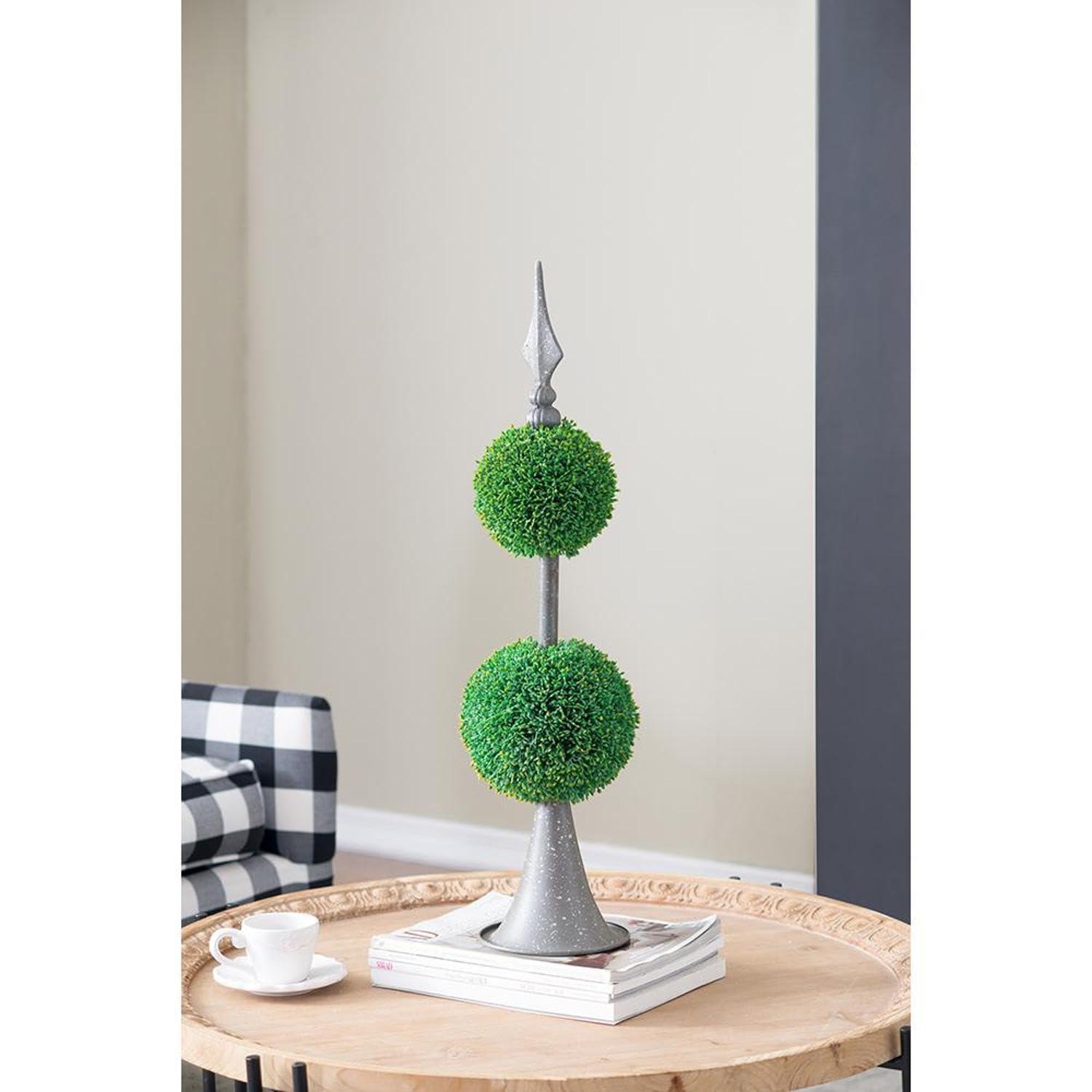 T2 CONCEPT T2 CONCEPT 26 Tall Artificial Two Tiered Boxwood Topiary on Artistic Metal Spire, Faux Greenery, Home Decor Botanical Accent, for Living Room, Entryway, Porch