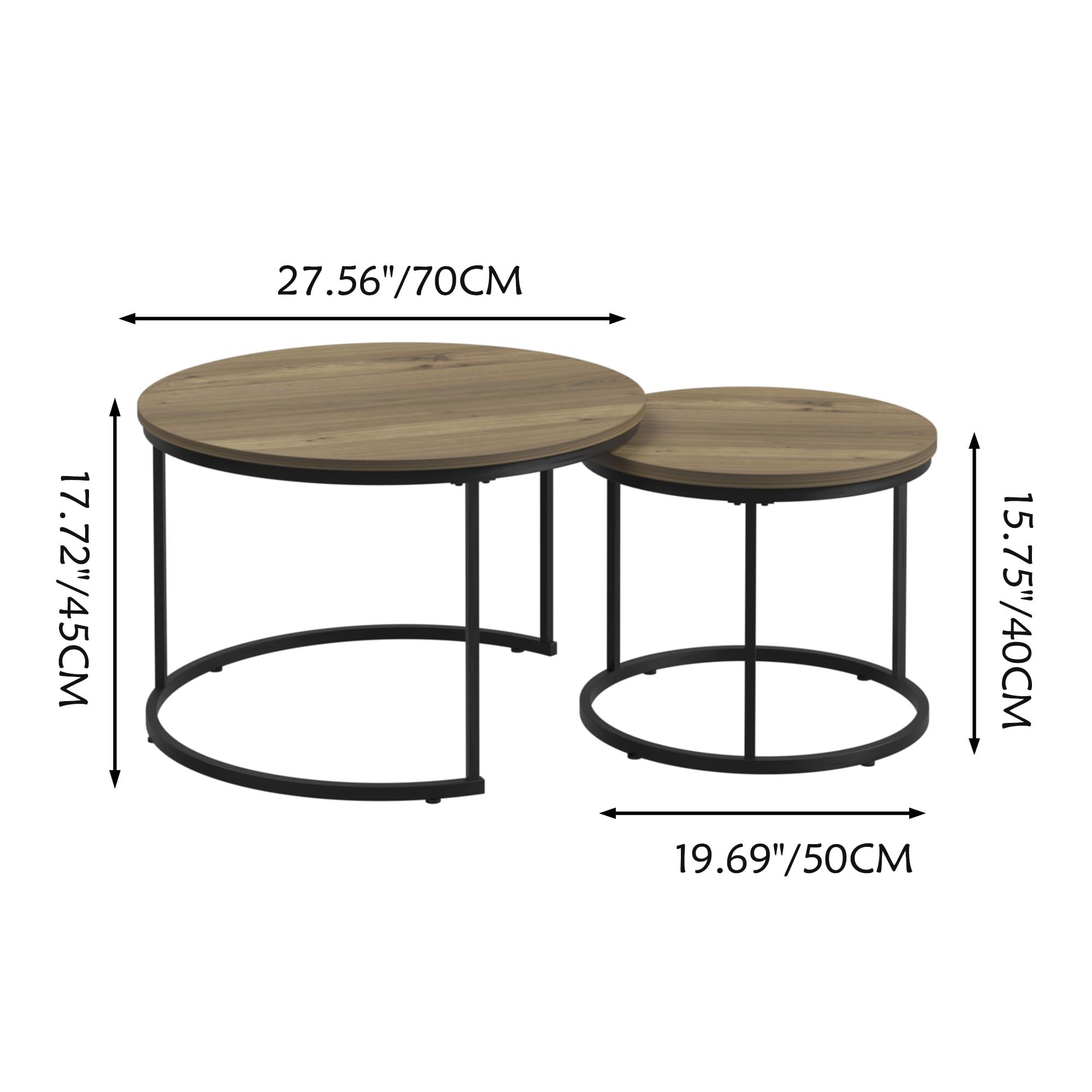 HEPMIMZHU HEPMIMZHU Nesting Coffee Table Set of 2, 27.6inch Round Coffee Table Wood Marble Pattern Top with Sturdy Metal Frame, End Table Side Tables for Living Room Bedroom (Brown)