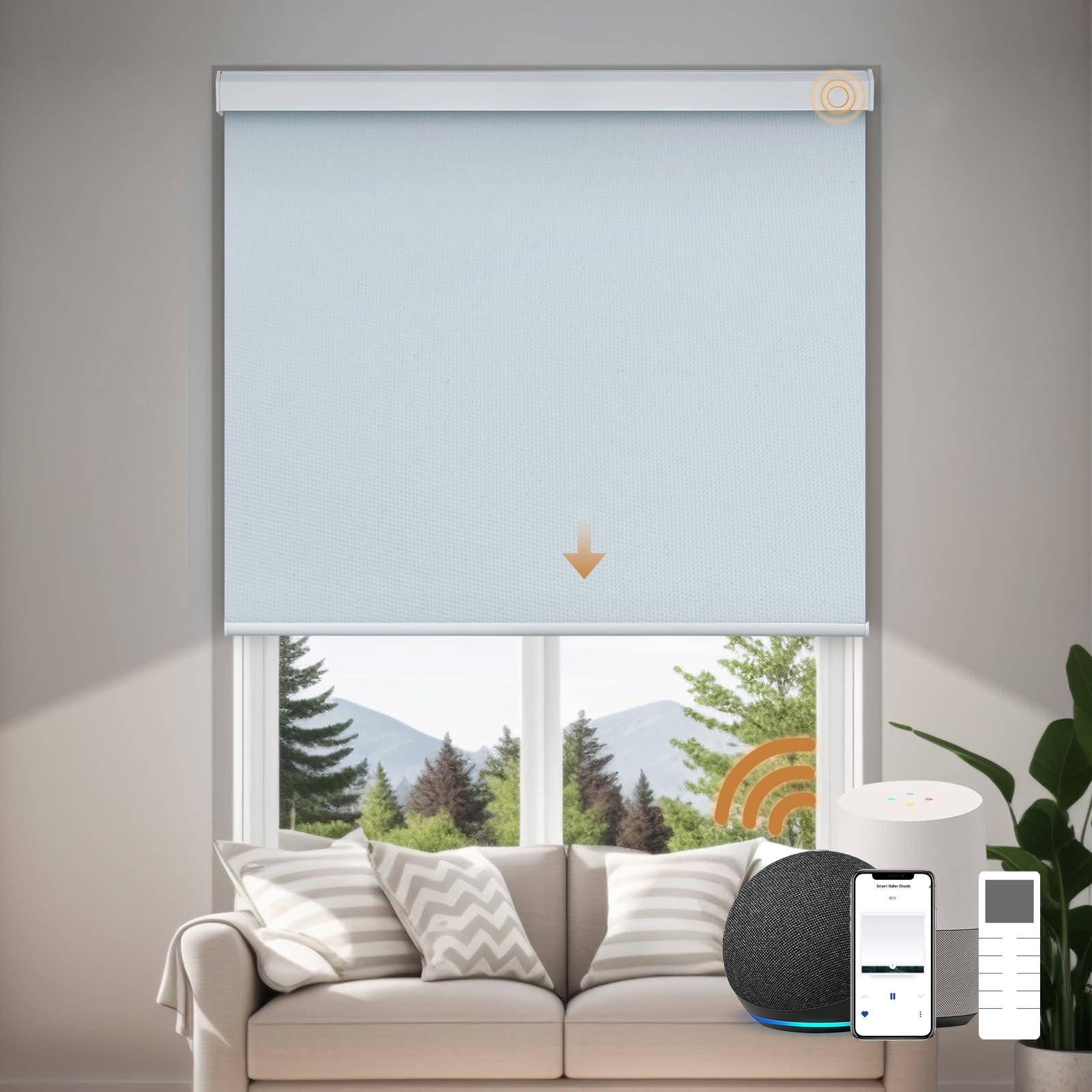JOYENG JOYENG Motorized Blinds Blackout Shades Automatic Shades Remote Control Cordless Room Darkening Smart Window Blinds Custom Size (Waterproof Light-Blue)