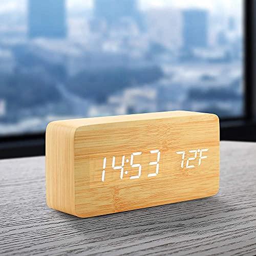 OCT17 OCT17 Wooden Digital Alarm Clock, Wood Fashion Multi-Function LED Alarm Clock with USB Power Supply, Voice Control, Timer, Thermometer - Bamboo