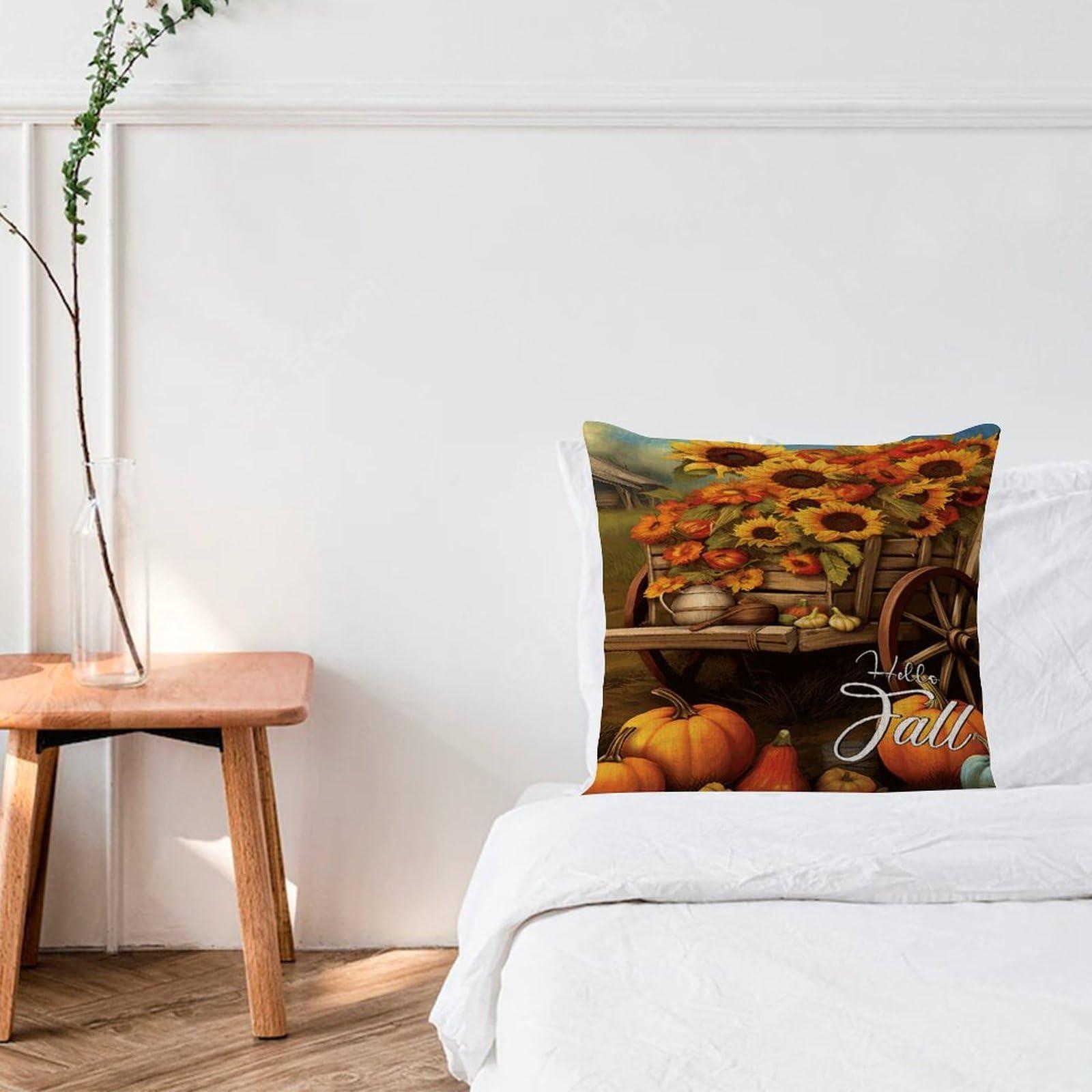 COVOME COVOME Hello Fall Pillow Cover 16x16in Burlap Linen Farmhouse Pillowcases Fall Thanksgiving Pumpkin Sunflowers Square Throw Cushion Case for Playroom Indoors Home Bed Home Decor