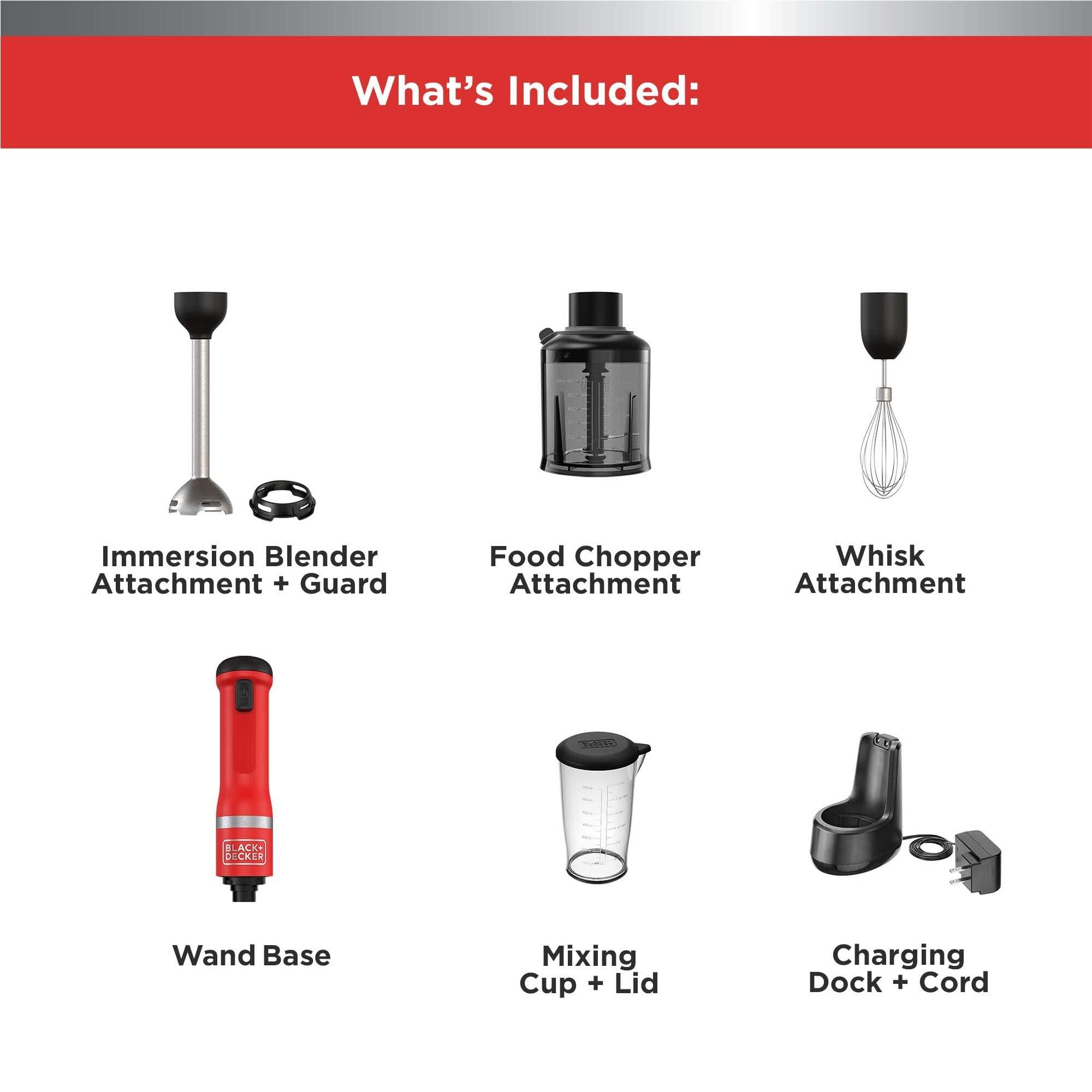 BLACK+DECKER BLACK+DECKER Kitchen Wand Cordless Immersion Blender, 3 in 1 Multi Tool Set, Hand Blender with Charging Dock, Whisk, and Chopper, Red (BCKM1013K06)