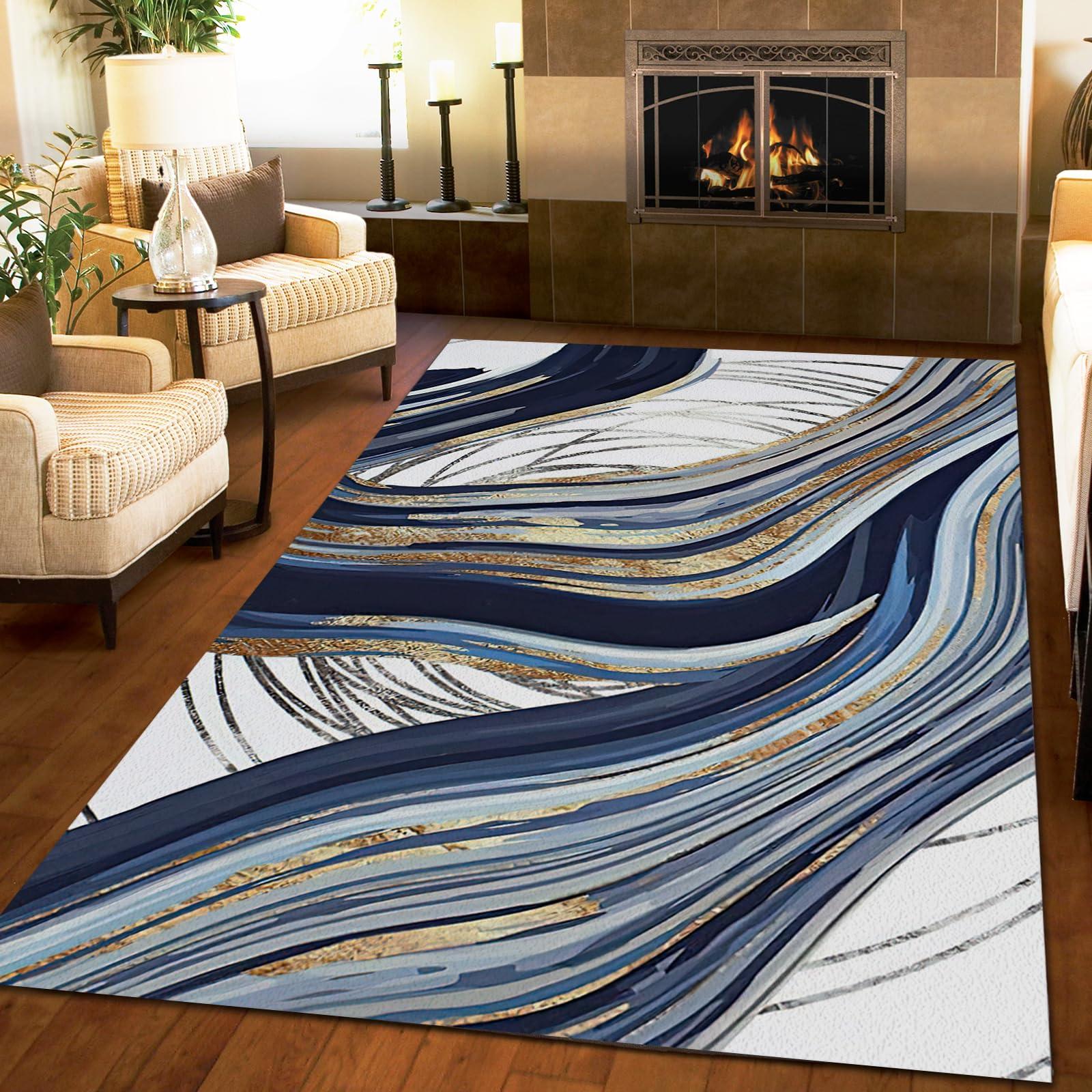 Rtaayt European Style Area Rugs, Blue Gold Abstract Graffiti Art Painting Floor Carpet, Modern Short Pile Soft Foldable Washable Non-Slip Rug for Apartment Kitchen Home Office Decor Mats-6ft x 9ft