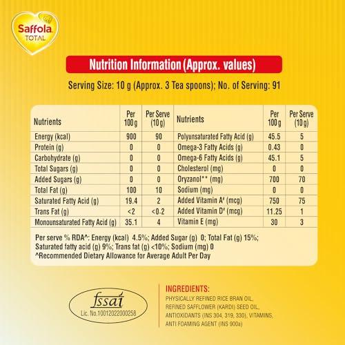 Saffola Saffola Total Refined Oil|Blend of Rice Bran Oil & Safflower oil|Cooking oil|Cholesterol Lowering Oil|Edible Oil 1L Pouch