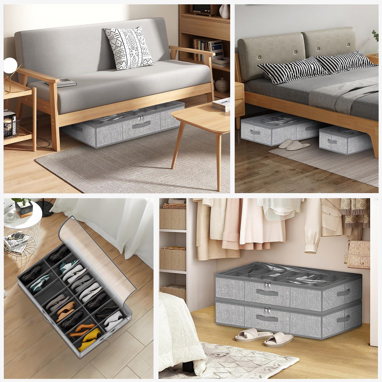 homyfort 32 Pairs Shoe Organizer Under Bed, Underbed Shoe Storage Boxes Bins, Organizador De Zapatos, Extra Large Zapateras Organizer, Grey, Set of 2