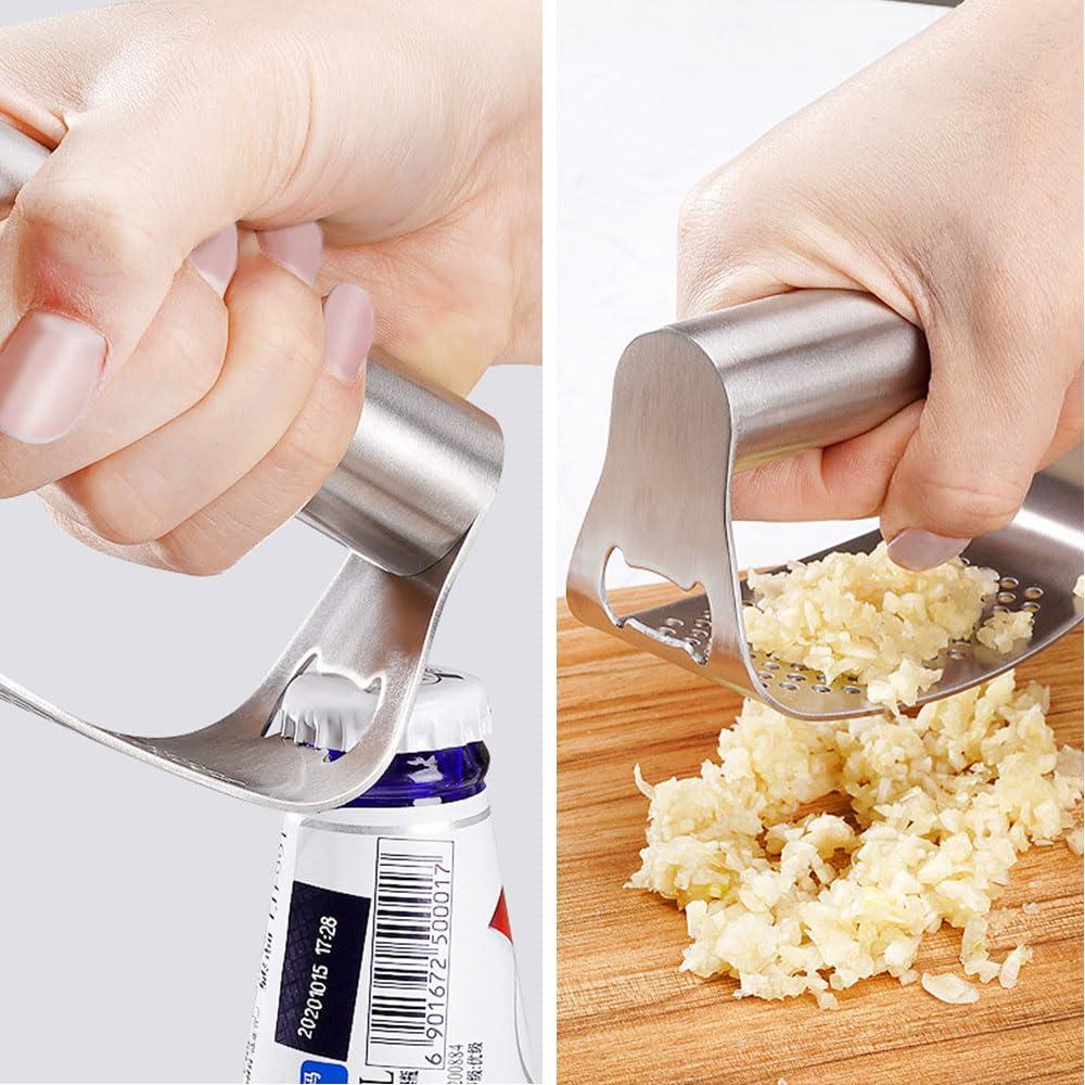 HOAIME Stainless Steel Garlic Press, 2024 Upgraded Garlic Press Rocker Garlic Crusher, Multifunctional Garlic Chopper with Peeler and Cleaning Brush Kitchen Gadgets (D)