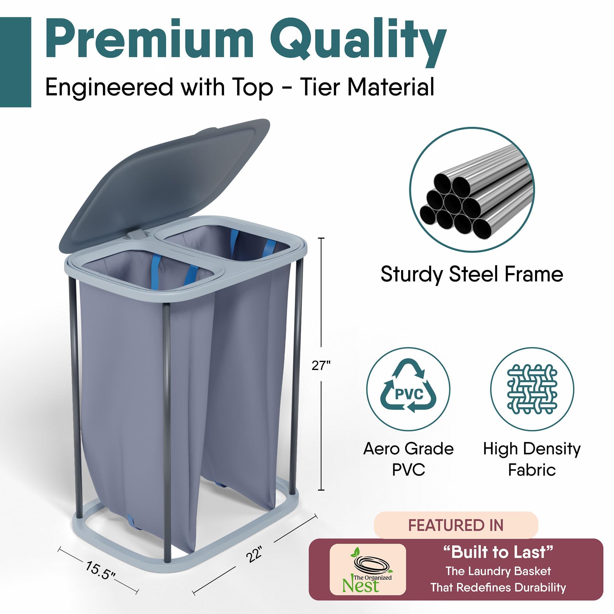 XABITAT XABITAT Dual Section 90l Laundry Basket with Lid Tall divided Double Laundry Hamper with 2 Removable Washable Bags, Large Laundry Sorter for Easy Clothes Separation