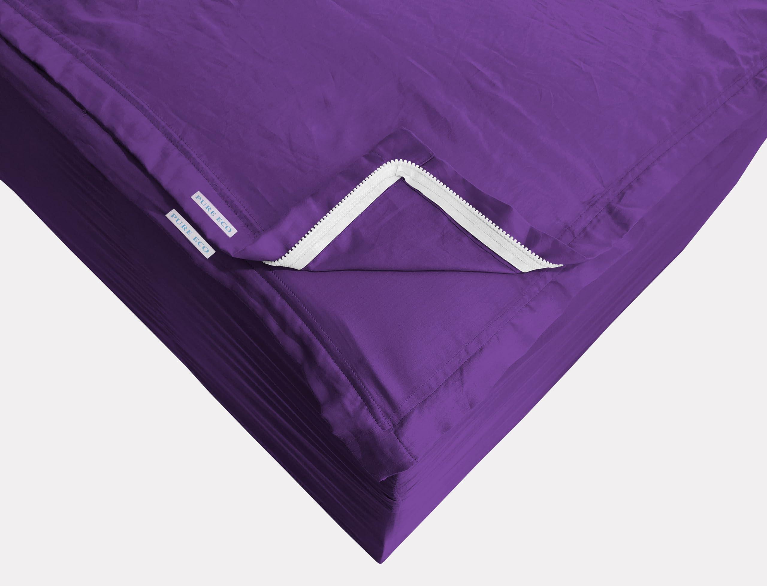 PURE ECO Zipper Fitted Sheet - includes 1 Fitted Sheet Base & 2 Zip-On Sheets - UPTO 16 in. Deep Pockets Queen Size Zipper Fitted Sheet - Easy to Change, Sateen Cotton 600 TC Fitted Sheet - Purple
