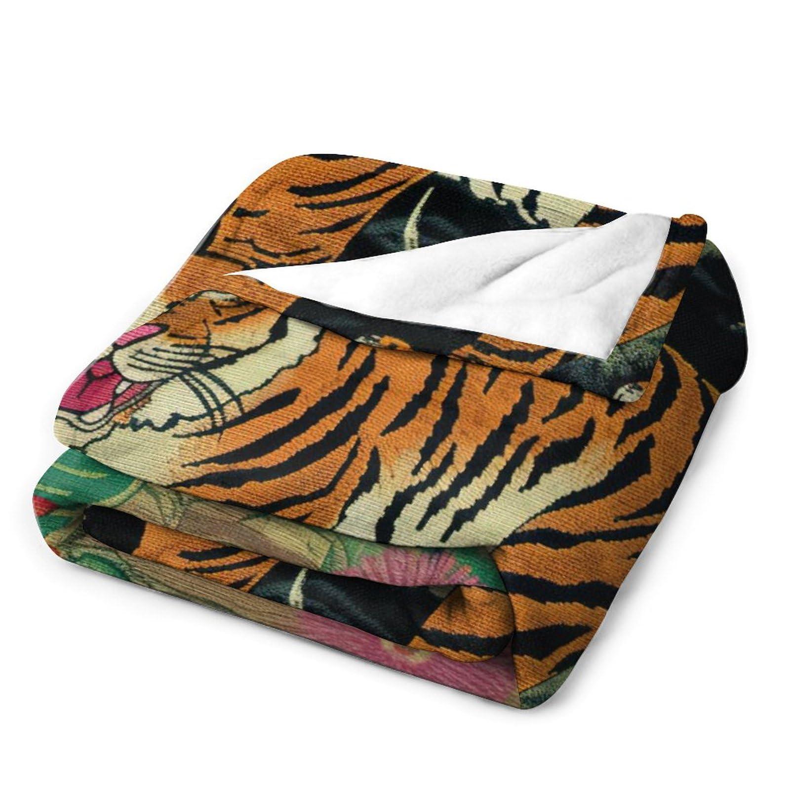 MangGou MangGou Oriental Toile Chinoiserie Flannel Blanket Animal Tiger Stripe Pink Floral Throw Blankets Colorful Flower Animal Print Tiger Throw Blanket for Bed Home Decoraive Warm Blankets 40x50in