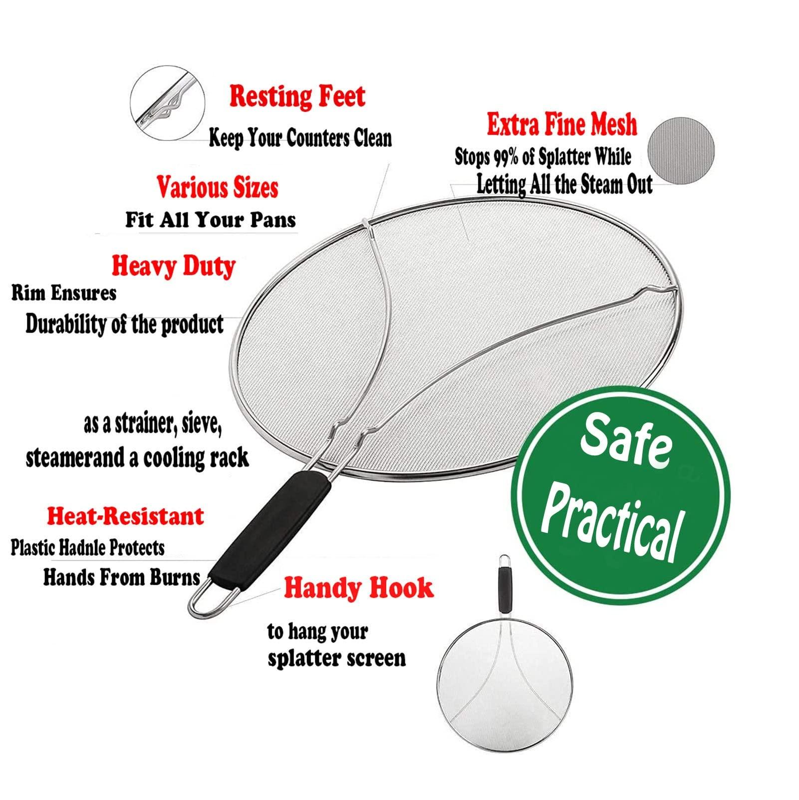 JIAHESHYP 3 Sizes Anti Oil Splatter Guard, Stainless Steel Fry Pan Splatter Screen with Soft Grip Handle, Heavy Duty Grease Splatter Guard,for Grease Oil Guard, Safe Cooking Lid (Size : 25cm/9.8in)