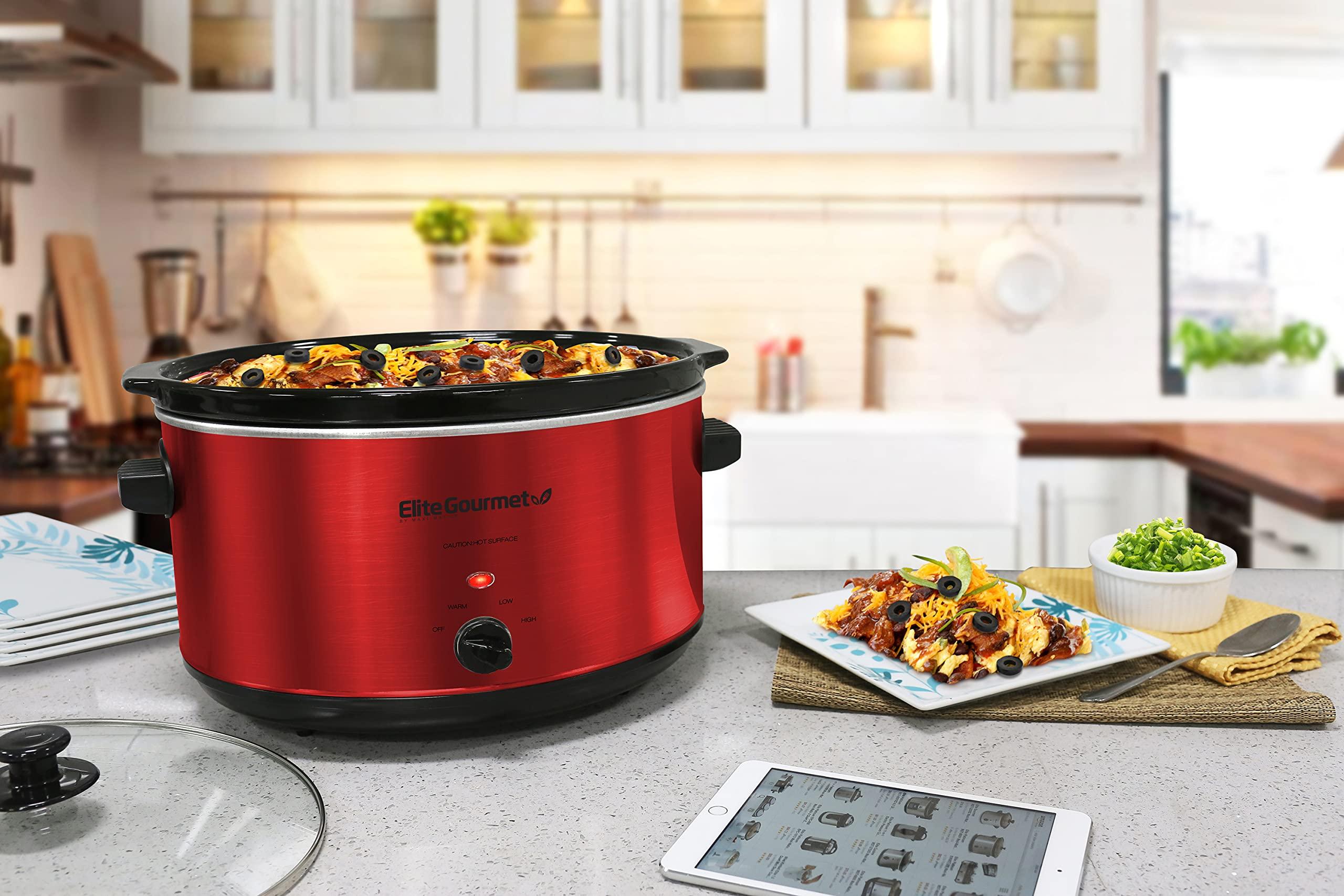 Elite Gourmet Elite Gourmet MST-900RXT# Electric Ceramic XL Jumbo Slow Cooker, Adjustable Temp, Entrees, Sauces, Stews & Dips, Dishwasher Safe Glass Lid & Crock, 8.5Qt, MetallicRed