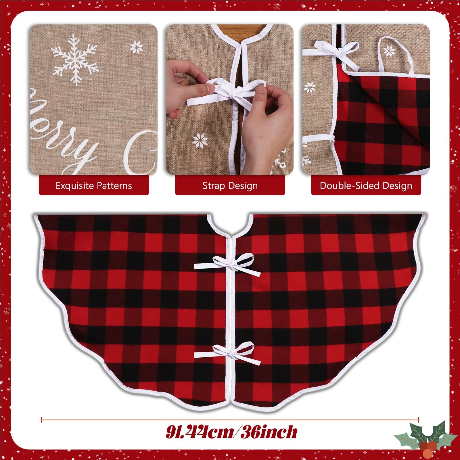 OurWarm OurWarm Christmas Tree Skirt 36 Inch, Buffalo Plaid Red Tree Skirt for 6ft Tree & 4ft Tree, Double Sided Burlap Tree Skirt Snowflake Xmas Tree Skirts for Pencil Tree Boho Rustic Farmhouse Decor