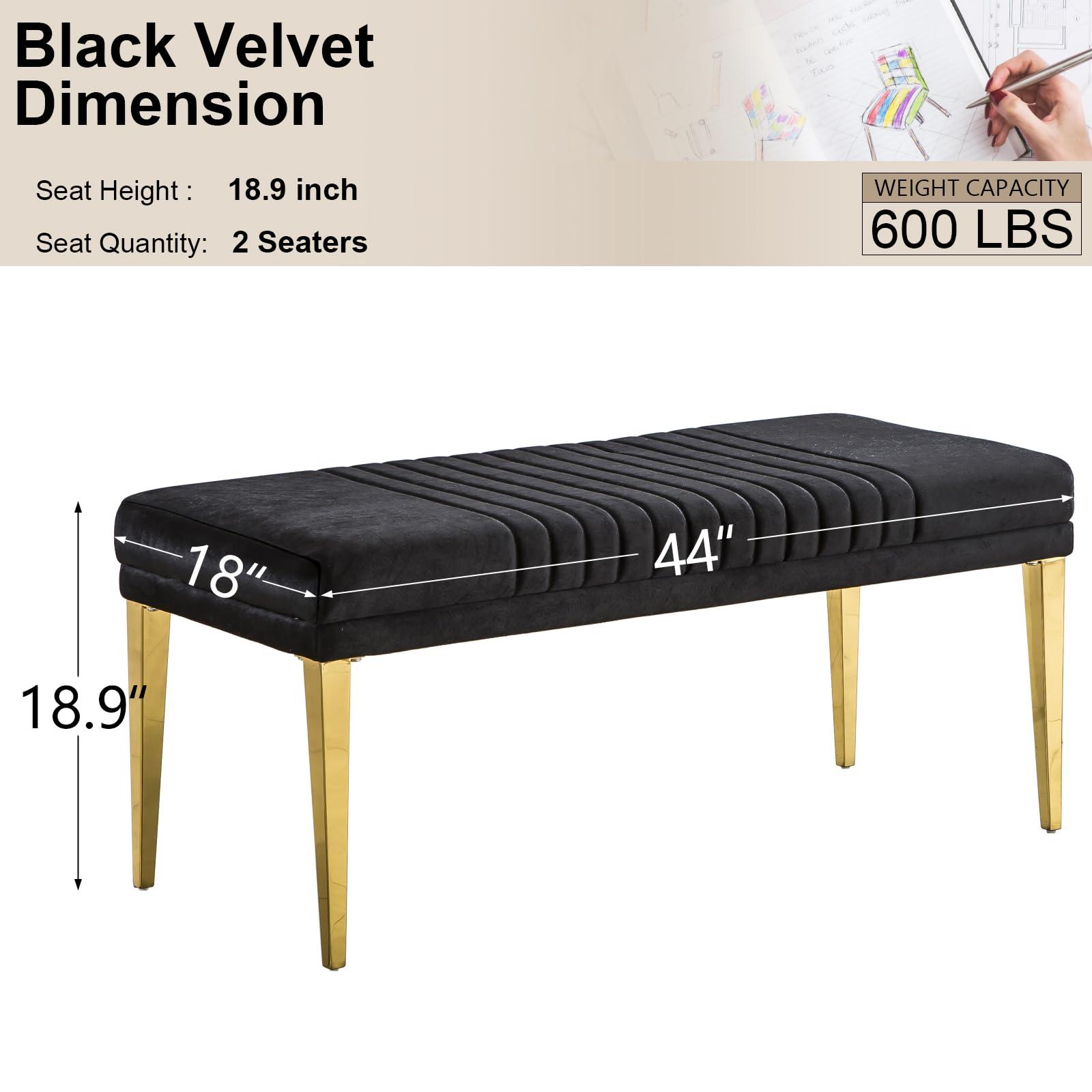 AUZ AUZ 44\" Bench, Black Velvet Upholstered Dining Room Bench, Vertical Channel Ottoman with Gold Stainless Steel Legs