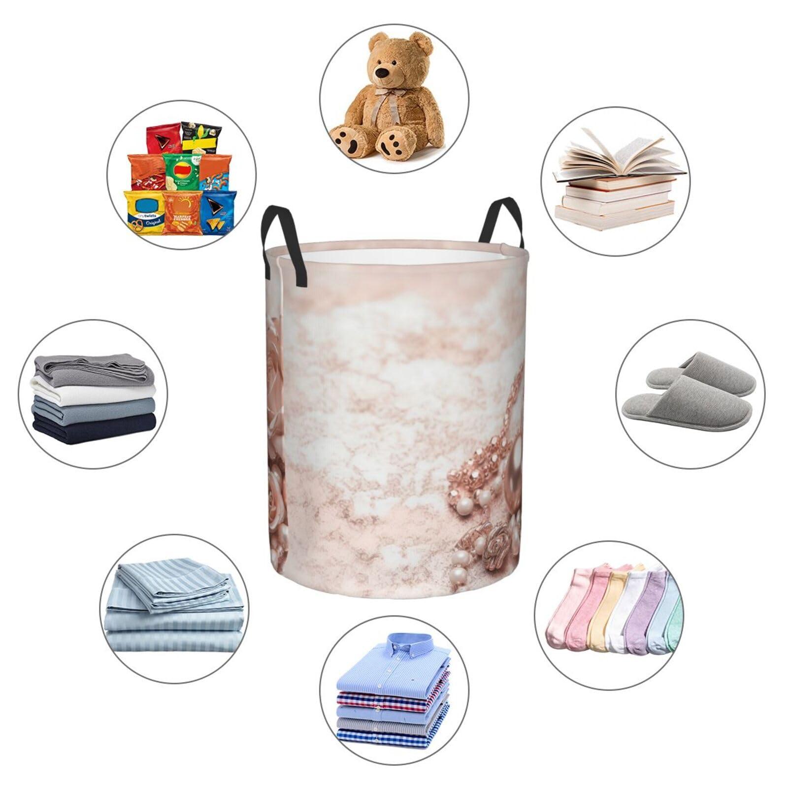 WSOIHFEC Blush Pink Rose Gold print Laundry Basket Waterproof Laundry Hamper with Handle Collapsible Organizer Basket Circular portable Storage Bin for Kitchen Living Room Bathroom Closet Car