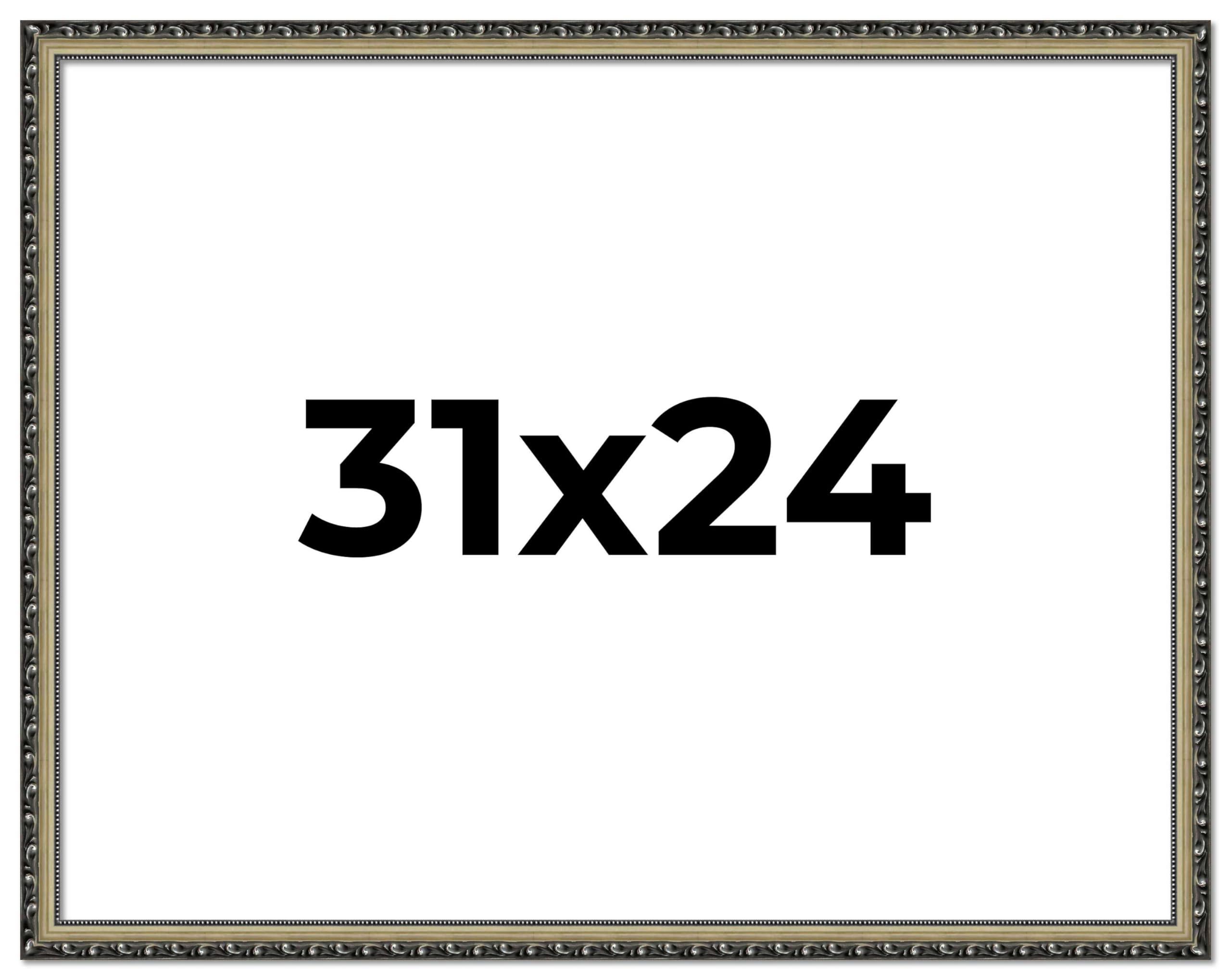 CustomPictureFrames.com 31x24 Frame Ornate Silver Solid Wood Picture Frame Width 1.125 Inches | Interior Depth 0.375 Inches | Willrick Traditional Frame with UV Acrylic Plexiglass, Foam Board Backing & Hanging Hardware