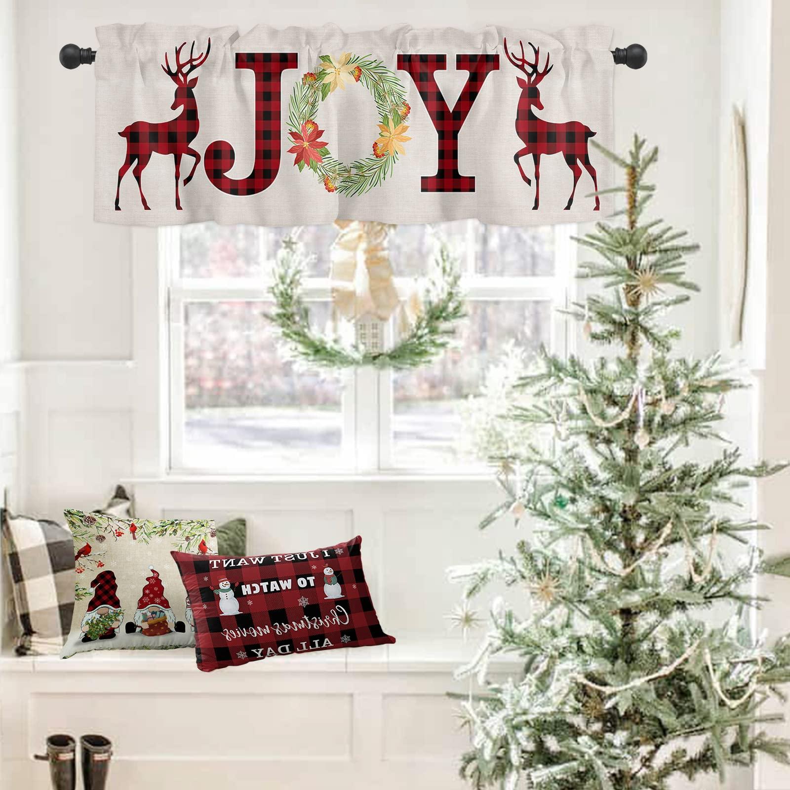 ZFUNCING Kitchen Valance for Windows Rod Pocket Curtain Valances Christmas Reindeer Silhouette Red Plaid Wreath Retro Linen Privacy Short Curtains Panels Window Treatment for Bathroom Xmas Joy Text 54x18in