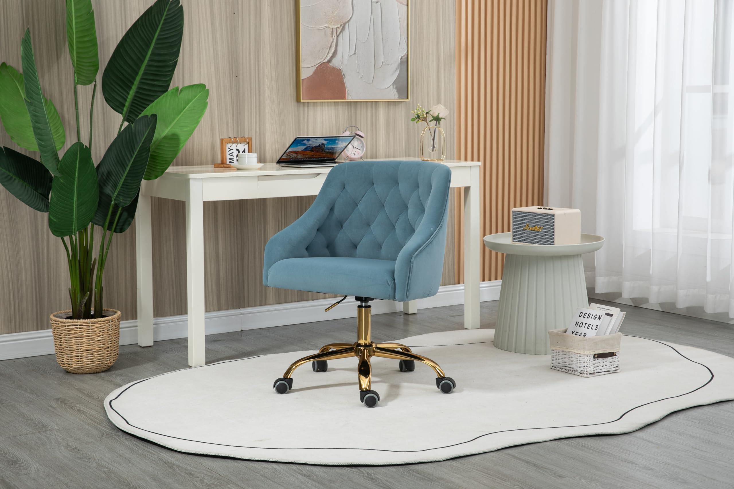 ZOBIDO ZOBIDO Comfy Home Office Task Chair with Wheels, Cute Modern Upholstered Velvet Seashell Back Adjustable Swivel Vanity Desk Chair, for Women, for Girls, Living Room(Haze Blue)