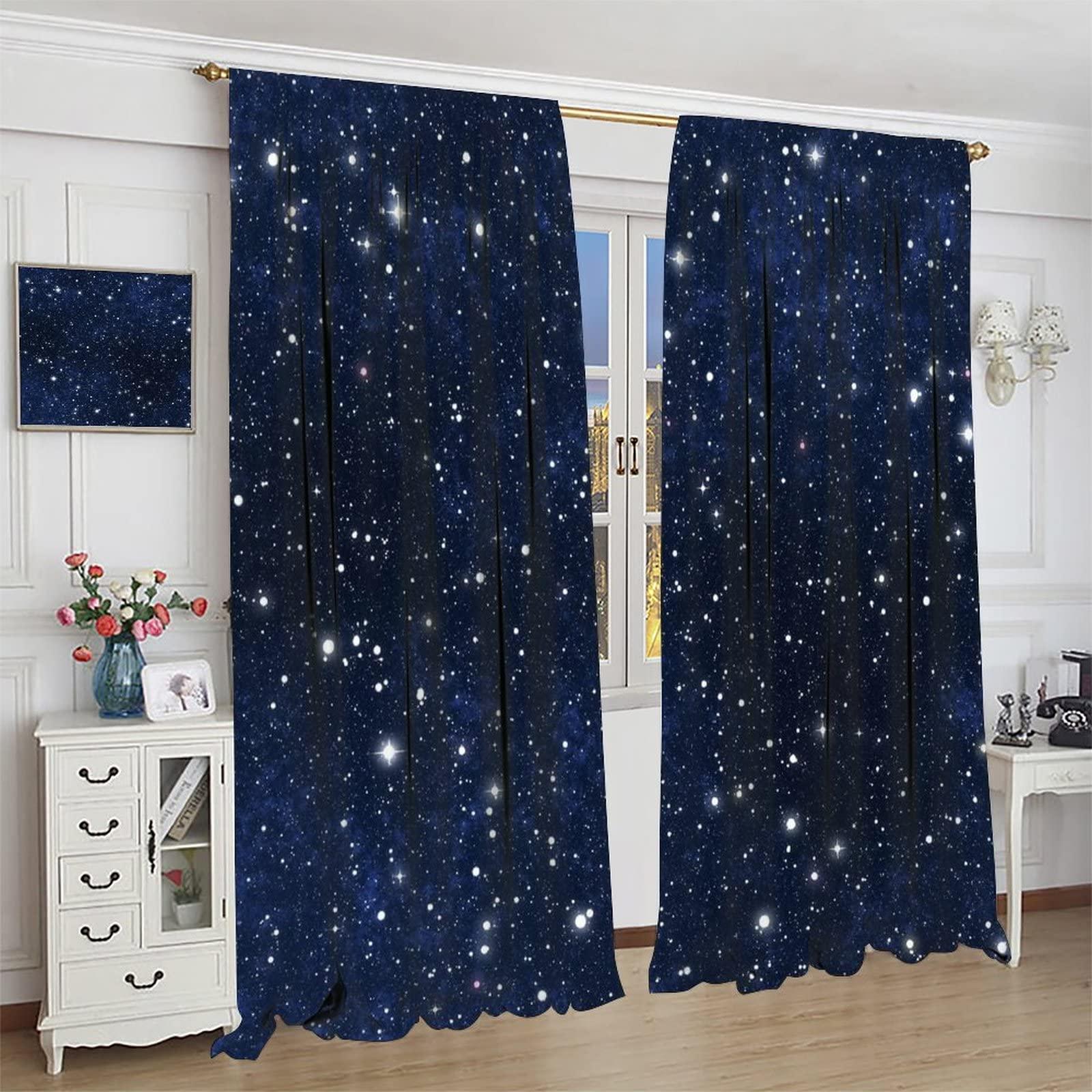 BAEKJIN Night Sky Space Curtains Dark Blue Universe Galaxy Nebula Stars Printed Art Rod Pocket Blackout Window Drapes 2 Panels Set for Bedroom Living Room Decor 42x63in