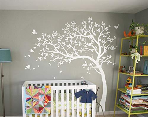 Studio Quee Large Tree Wall Decals Nursery Tree Stickers with Birds Stunning Tree Wall Art Mural Vinyl Wall Decor KW032 (Leaning Left, White)