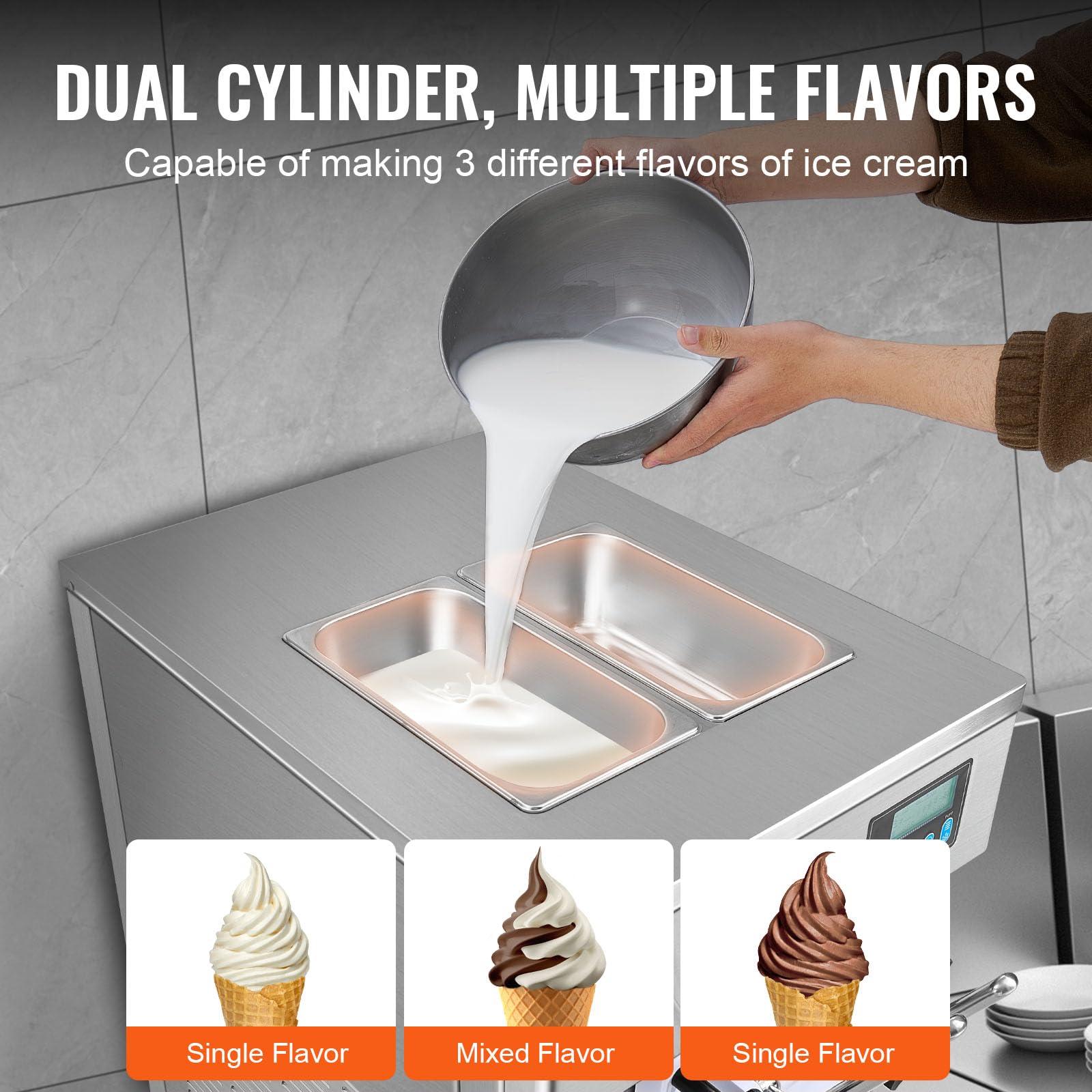 VEVOR VEVOR Commercial Ice Cream Machine, 21 QT/H Yield, 1800W 3-Flavor Countertop Soft Serve Ice Cream Maker, 2 x 4L Hopper 2 x 1.8L Cylinder, LCD Panel Auto Clean Pre-cooling, for Restaurant Snack Bar