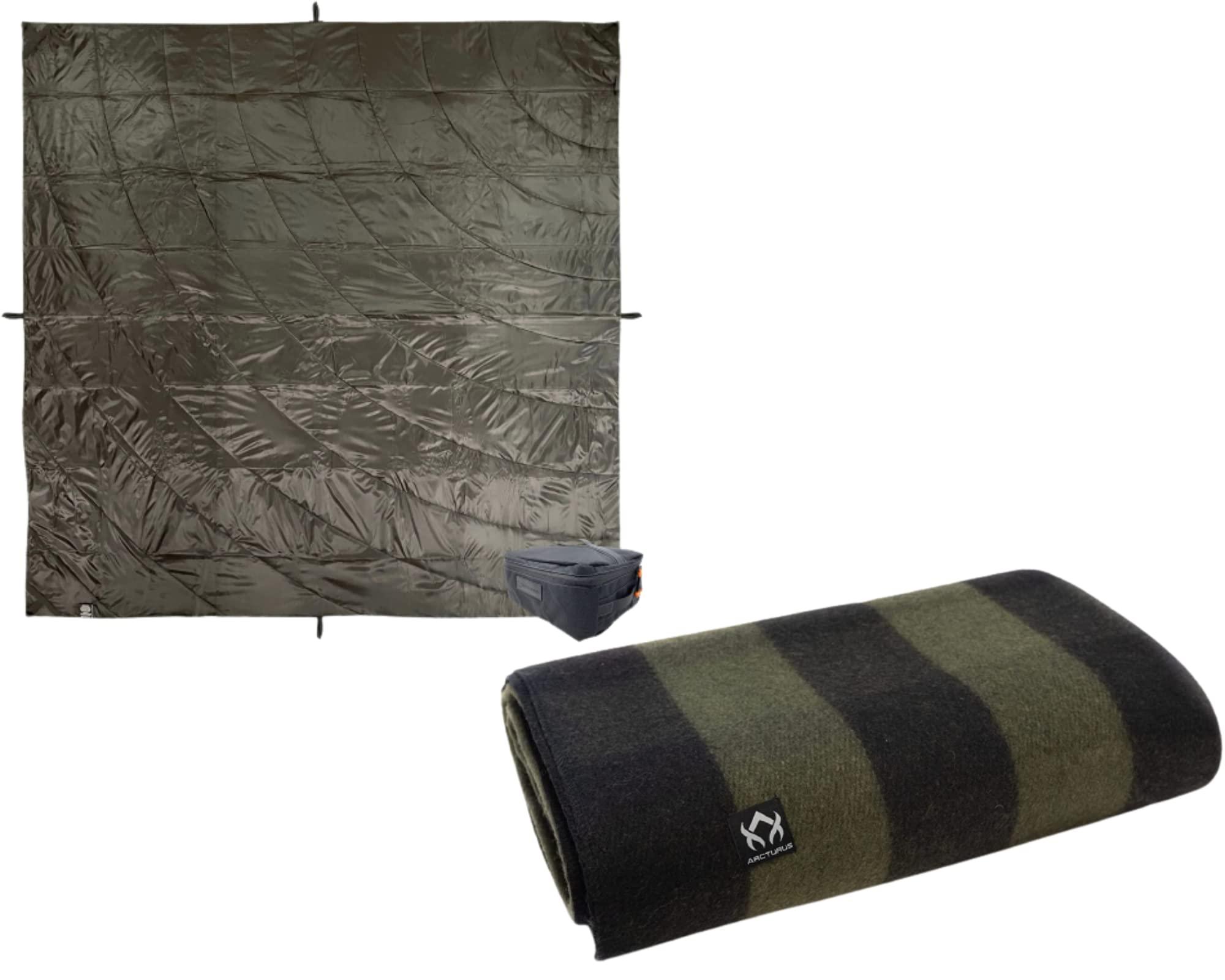 Arcturus Arcturus Plaid Wool Blankets in Green Buffalo - 4.5lbs Warm, Heavy, Washable, Large Bundle Large Insulated Woobie Camping Blanket in Black 7.5 x 7.5 FT