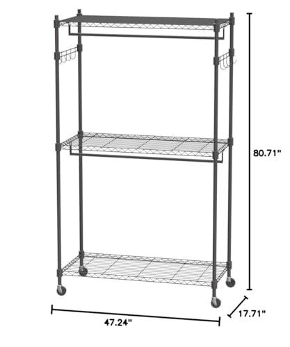 BATHWA BATHWA Heavy Duty Garment Rack on Wheels, Rolling Clothes Racks for hanging clothes, Simple Sturdy Wardrobe Rack with Double Hanging Rods, 8 Side Hangers, Black