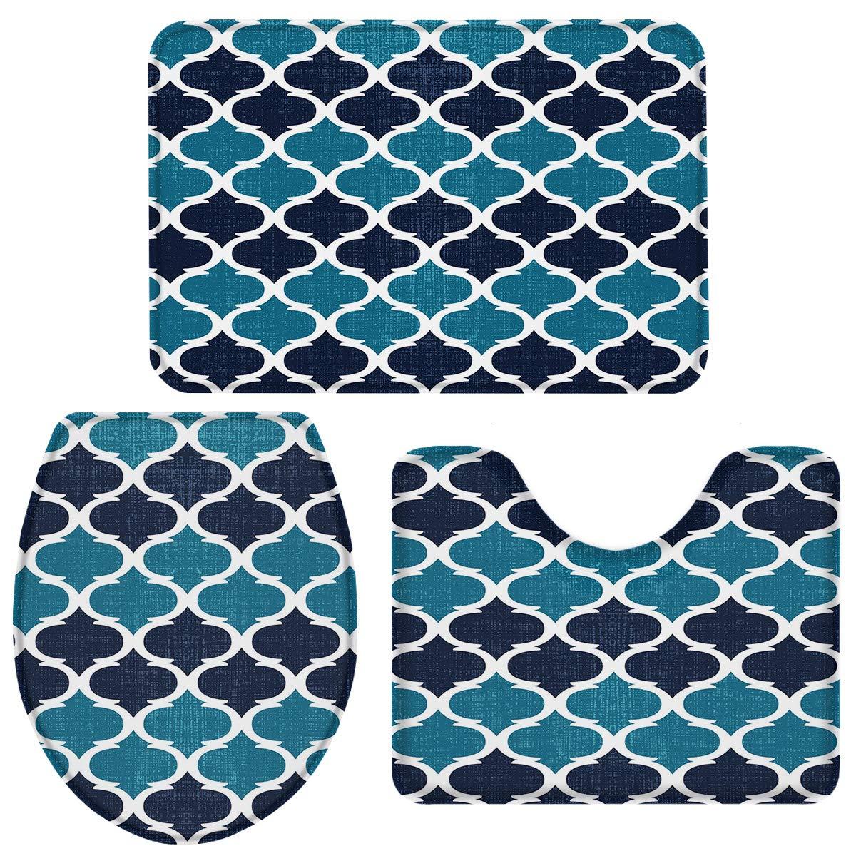 Heart Pain Heart Pain Bathroom Rug Set 3 Piece Morocco Lido Qua-Trefoil Geometric PatternBlue Navy Non-Slip Backing Bathroom Mat Anti-Skid U-Shape Contoured Toilet Mat Absorbent Toilet Seat Cover