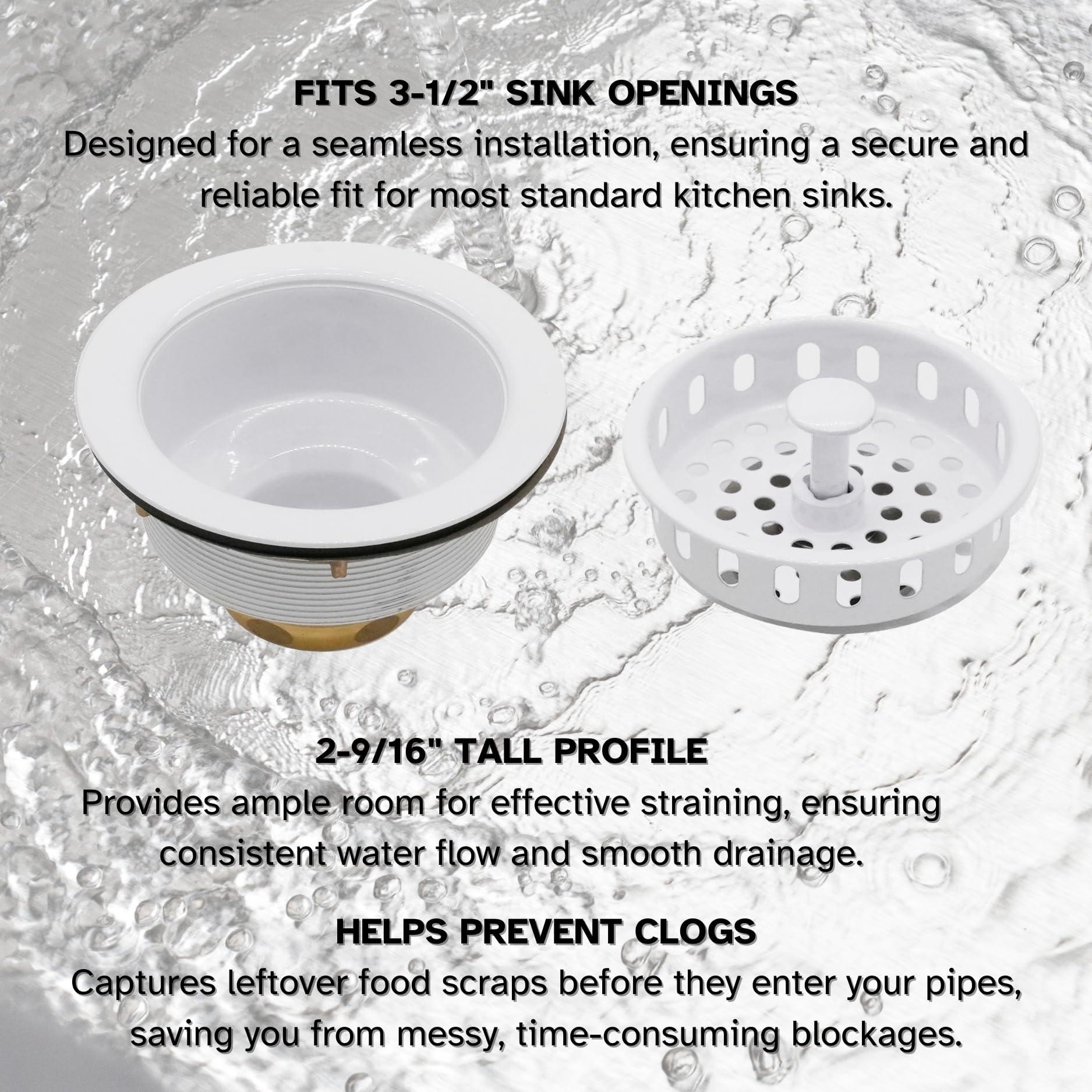 Westbrass Westbrass D214-50 3-1/2" Post Style Large Kitchen Sink Basket Strainer, 1-Pack, Powder Coat White