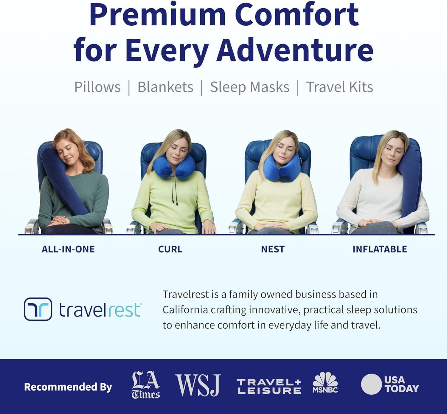 TRAVELREST TRAVELREST Nest Neck Pillow Travel Essentials - Memory Foam Pillow and Patented Design, Support for Long Flights, Travel Accessories, Comfortable and Compact, Washable, Attaches to Luggage - Blue