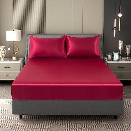 HR Decor Satin Fitted Sheet, Twin-XL Fitted Sheet Only, 1 - Piece Ultra Soft(25) Deep Pocket Single Silk Bottom Bed Sheet Twin-XL - red