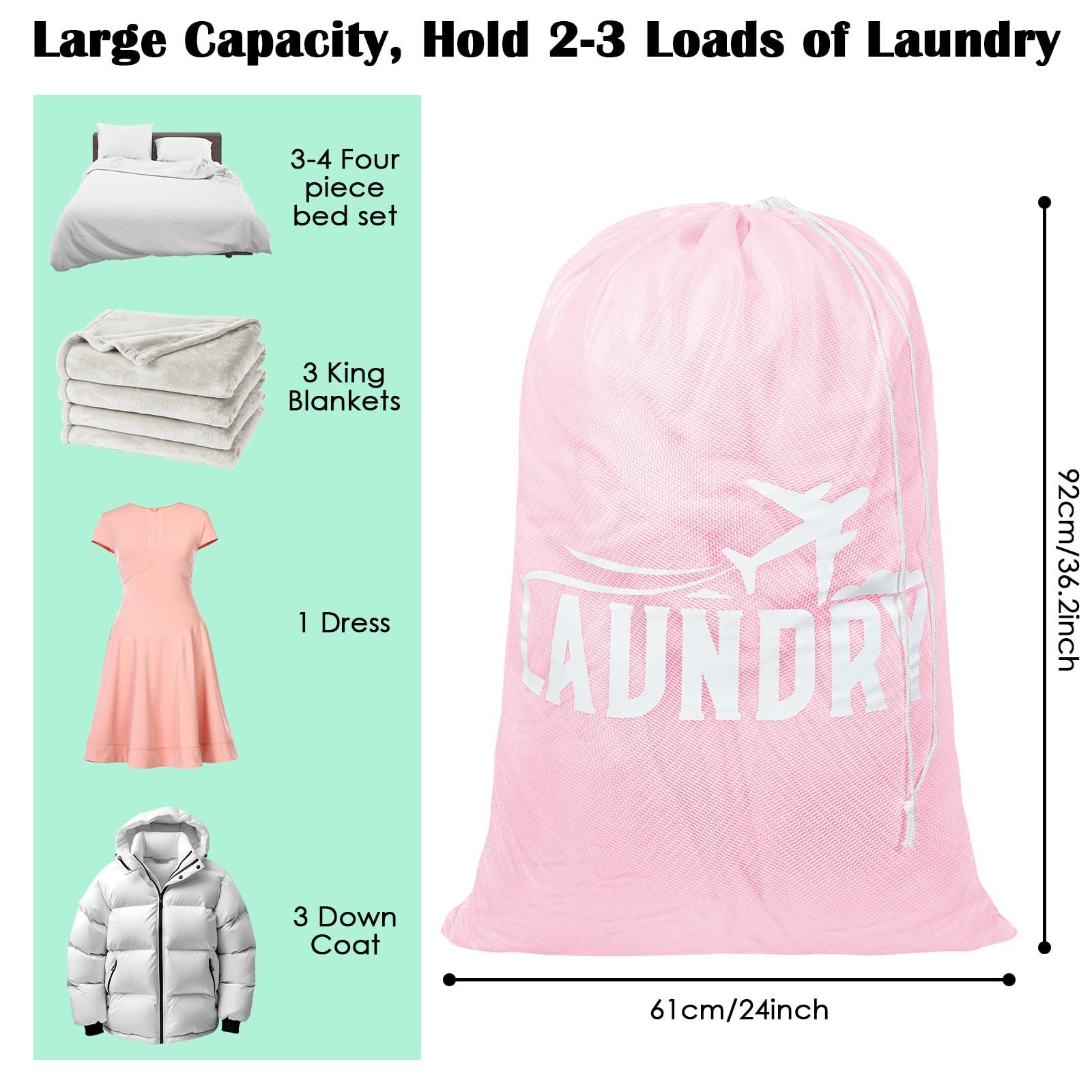 Fiodrimy 2 Pack Large Mesh Laundry Bag, Heavy Duty Laundry Bags with Drawstring, Laundry Hamper Liner, Machine Washable, for Travel, Storage, Sports, Dorms and Apartment Dwellers, 24 x 36 Inches (Pink+Green)