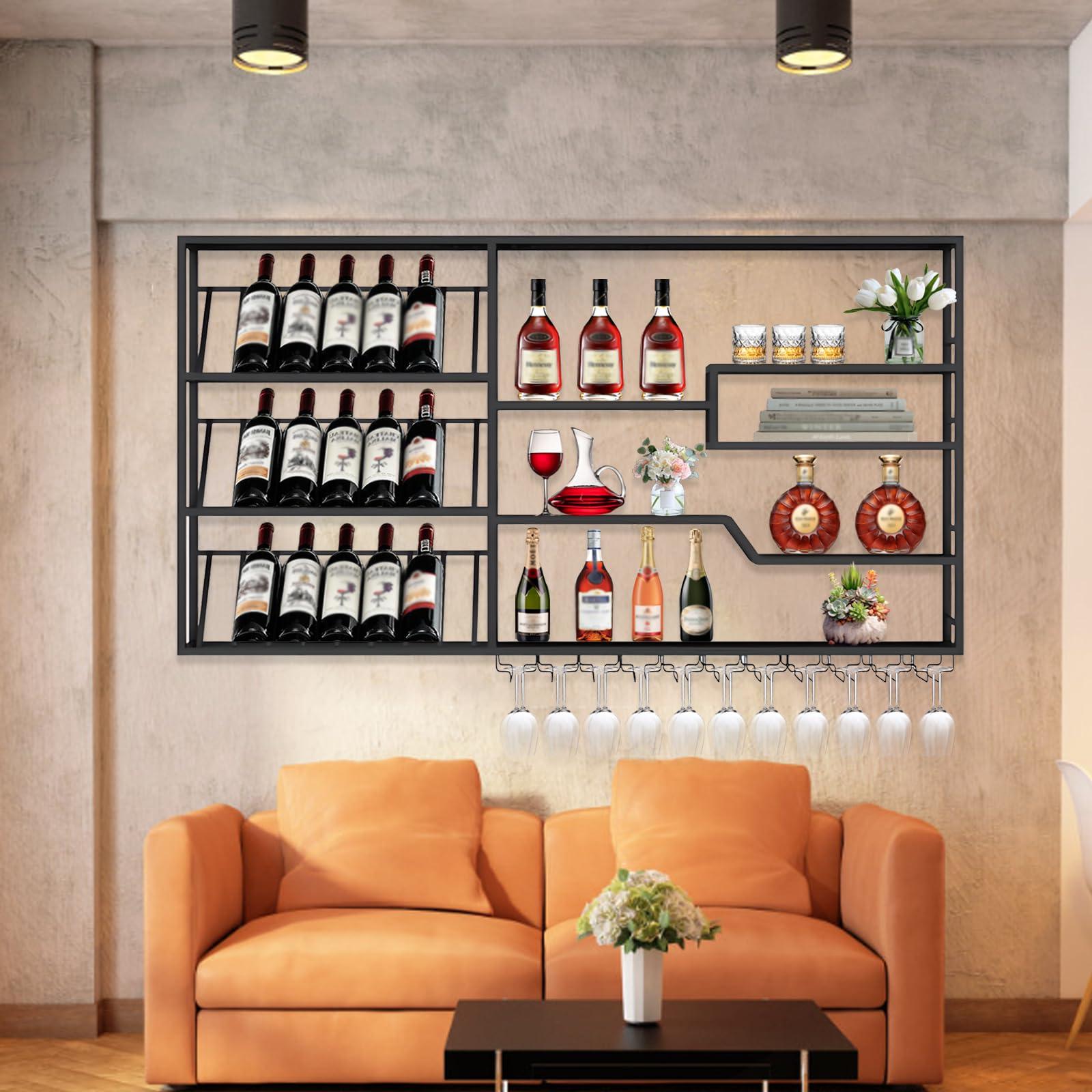 Takpylia Takpylia Metal Wall Mounted Wine Rack, Bottle Glass Holder Display Shelf Decorative Bar Shelves, Bar Liquor Wine Glass Rack, Modern Wine Storage Organizer, Wine Bottle Shelf (A, 160cm/62.9in)