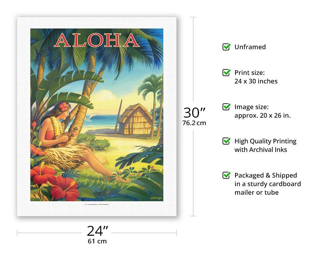 Pacifica Island Art Aloha - Hawaii - Hula Dancer with Ukulele - Vintage Hawaiian Travel Poster by Kerne Erickson - Fine Art Rolled Canvas Print 20in x 26in