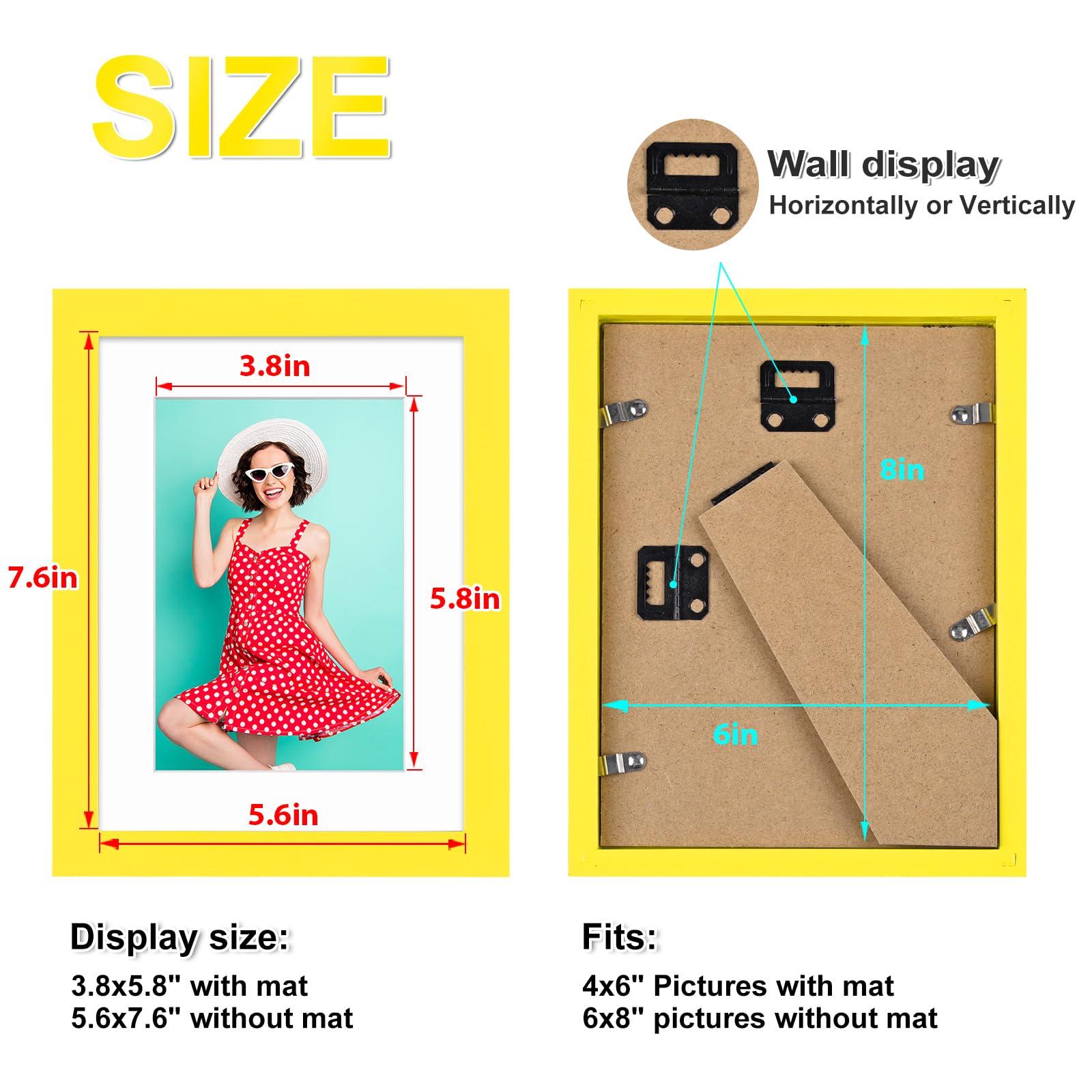 KINLINK KINLINK 6x8 Picture Frame Yellow,Wood Frame with Acrylic Plexiglass for Pictures 4x6 with Mat or 6x8 without Mat, Tabletop and Wall Mounting Display, 1 Pack