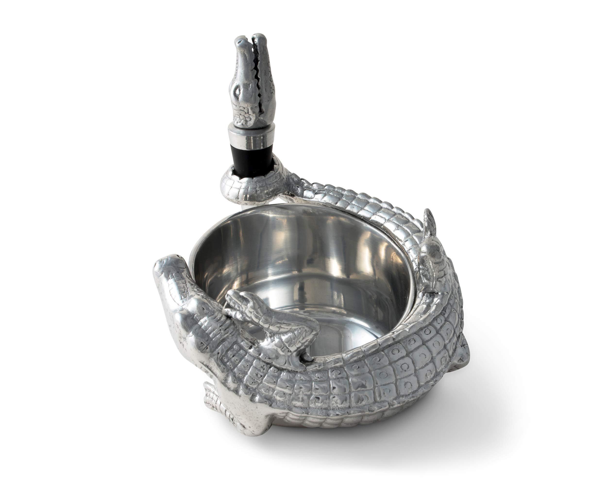 Arthur Court Arthur Court Designs Aluminum Alligator Wine Coaster / Holder and Bottle Stopper Set Gator Florida Décor 4 inch Diameter 3.5 inch Tall