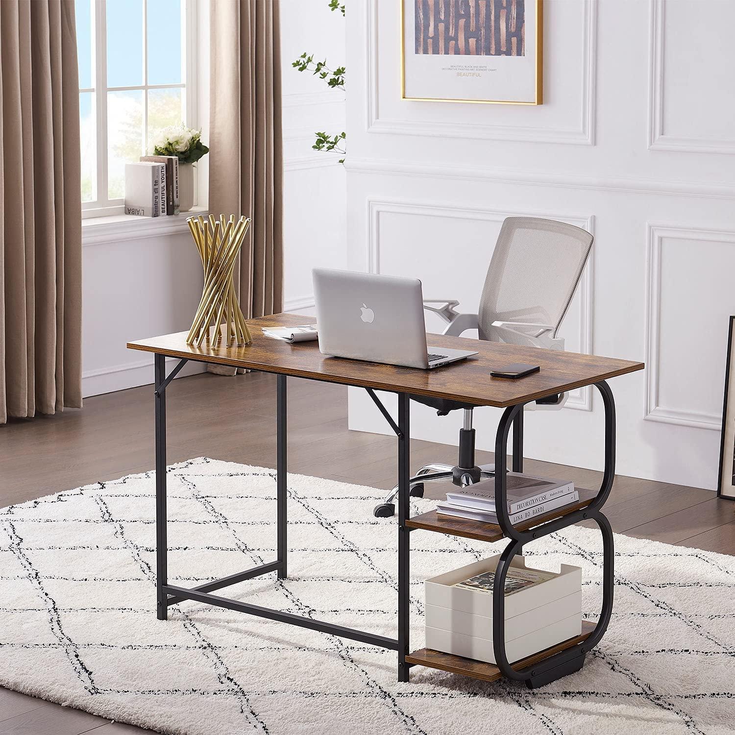 Annivia Anivia Writing Computer Home Office Desk with 2 Storage Shelves on Left or Right Side, Industrial Simple Style Wood Table Metal PC Laptop Notebook, 47\", Rustic Brown + Black Frame