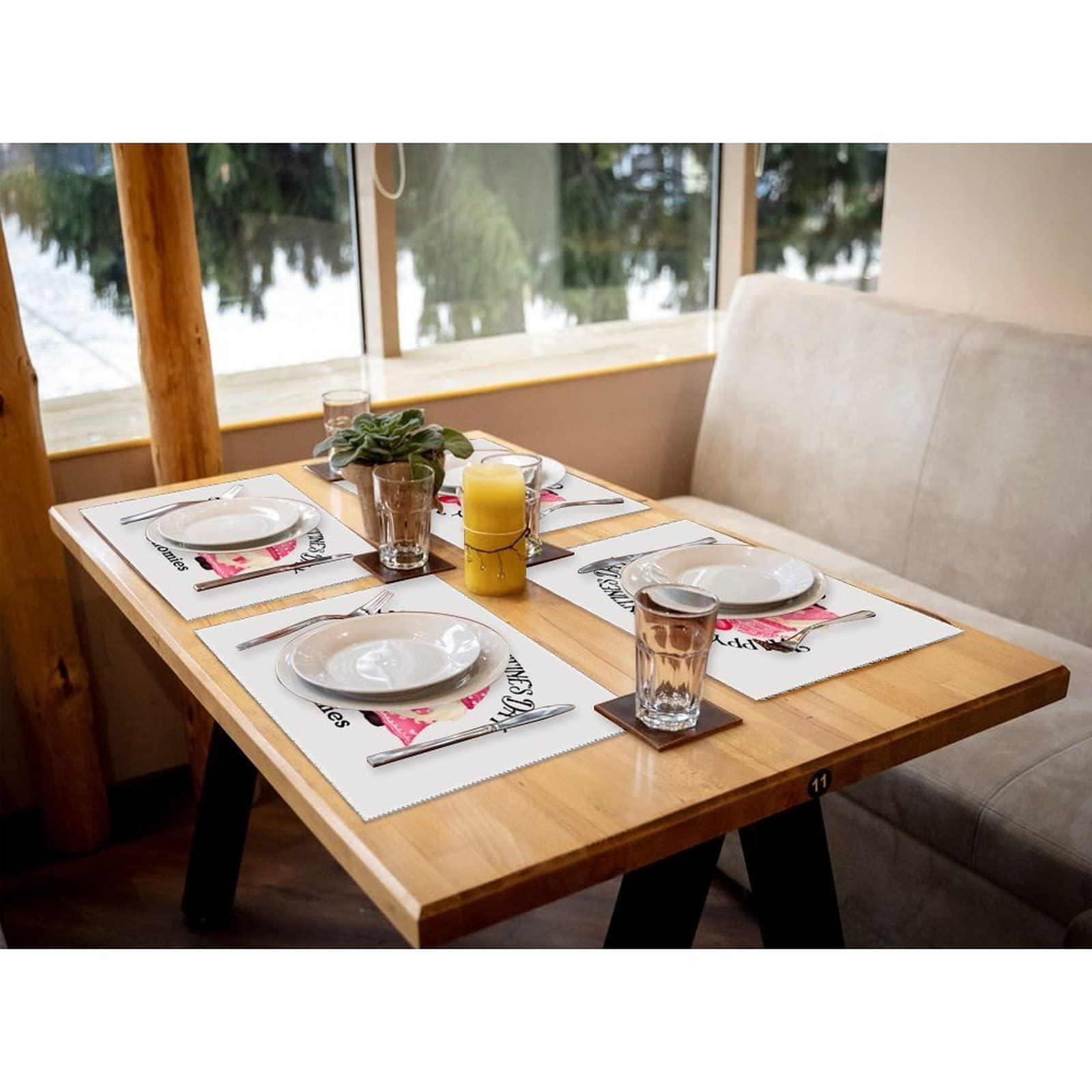 COVOME Happy Valentine\'s Day Gnomies Place Mats Set of 6 Modern Swedish Tomte Nisse Placemats for Dining Table Washable Easy to Clean Polyester Dining Table Place Mats for Dining Table Indoor Outdoor