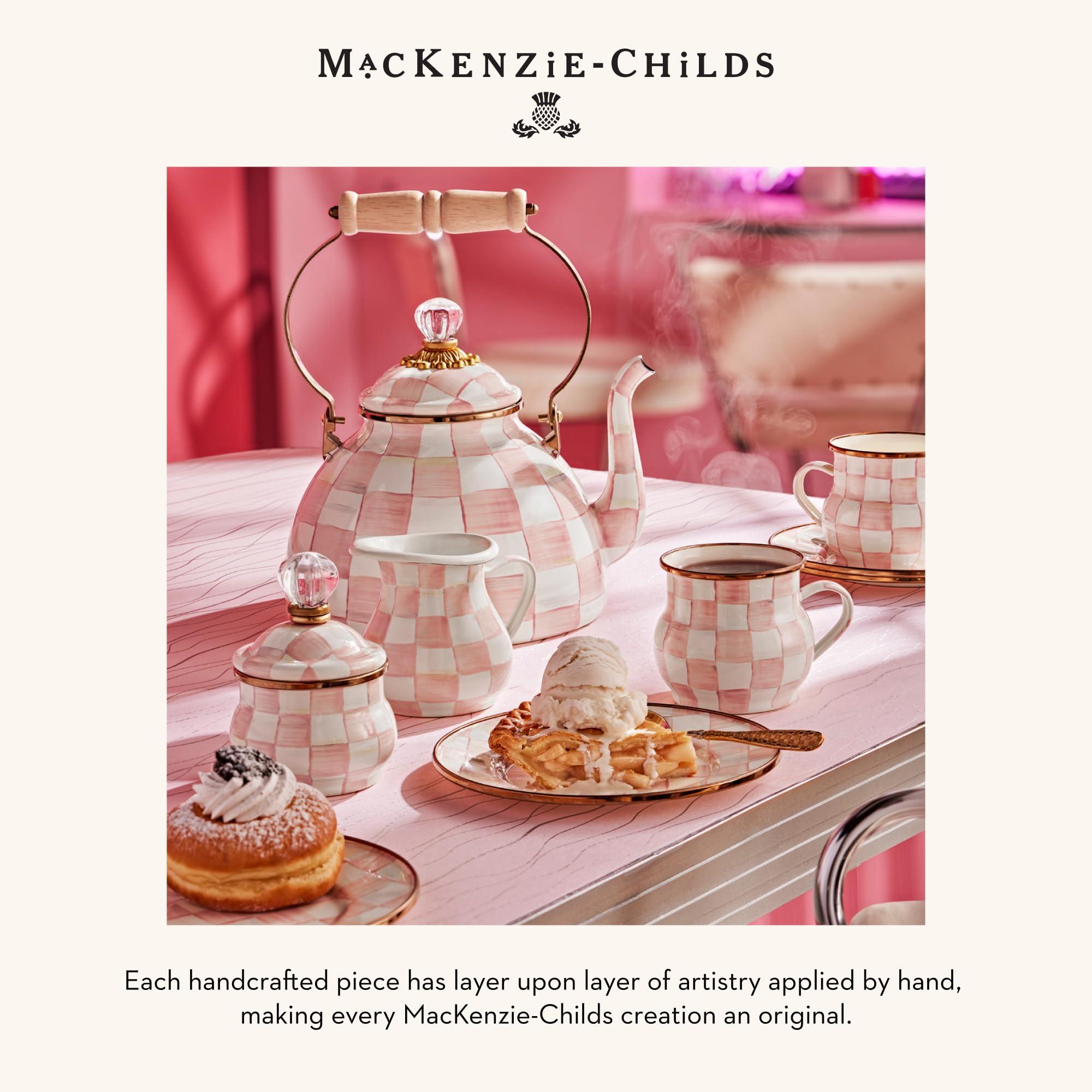 MACKENZIE-CHILDS MACKENZIE-CHILDS Enamel Tea Kettle, Stylish Tea Kettle for Stovetop, Pink-and-White Rosy Check, 2 Quarts