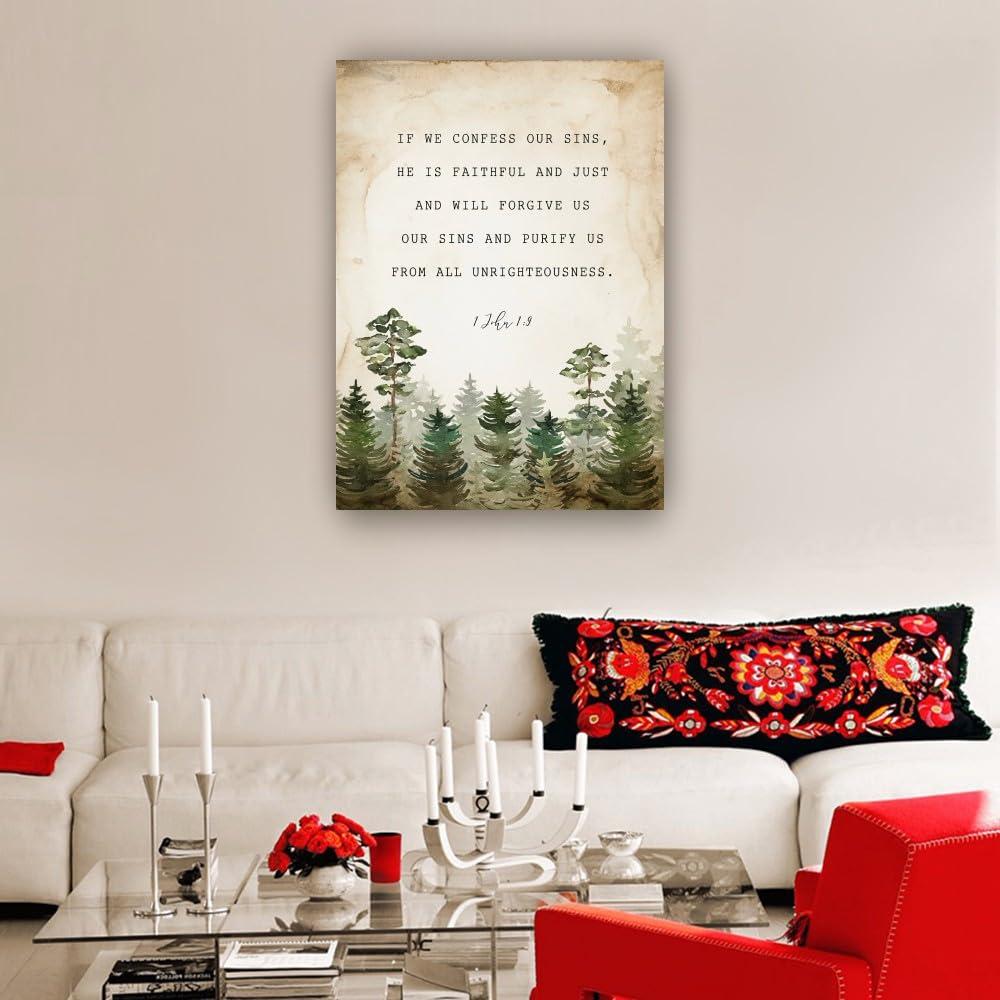 Liuannx Liuannx 1 John 1 9 Bible Scripture Wall Art Prints If We Confess Our Sins Bible Verse Posters Picture Canvas Bedroom Decoration Home (24.00\'\'x36.00\'\',Framed)