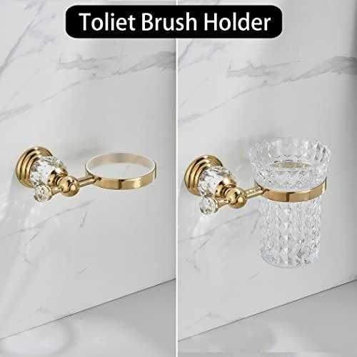WOLIBEER WOLIBEER Crystal Toilet Brush Holder, Polished Gold Brush Handle with Replaceable Brush Head, Stainless Steel Bathroom Cleaning Set Wall Mounted