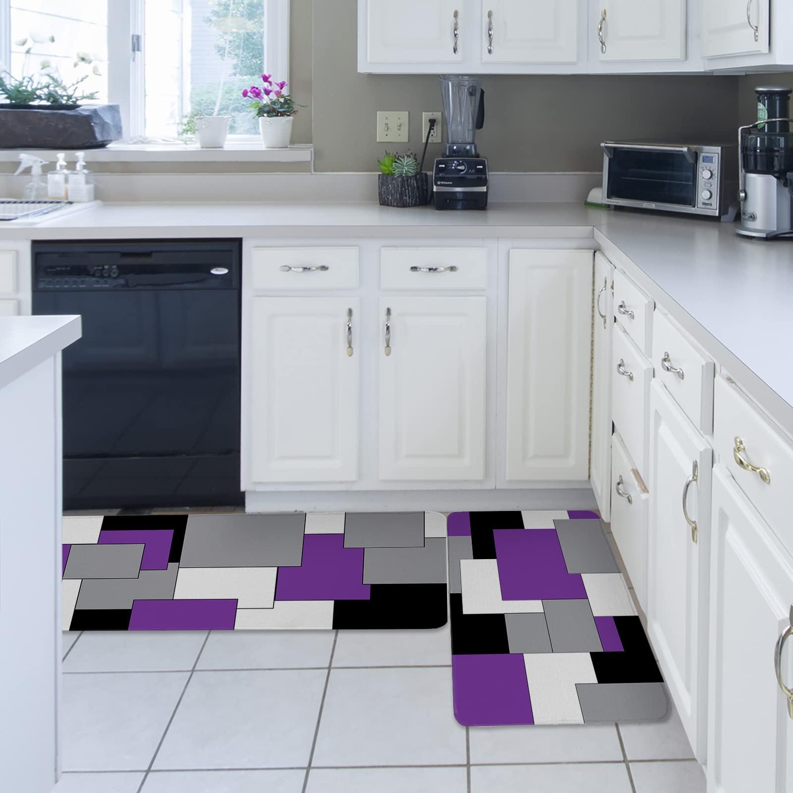 Carosoffe Carosoffe Geometric Purple Gray Black Kitchen Rug 2 PCS, Non-Slip Soft Absorbent Standing Mats for Kitchen Bathroom Living Room Laundry Room Runner Rug Set Abstract Art