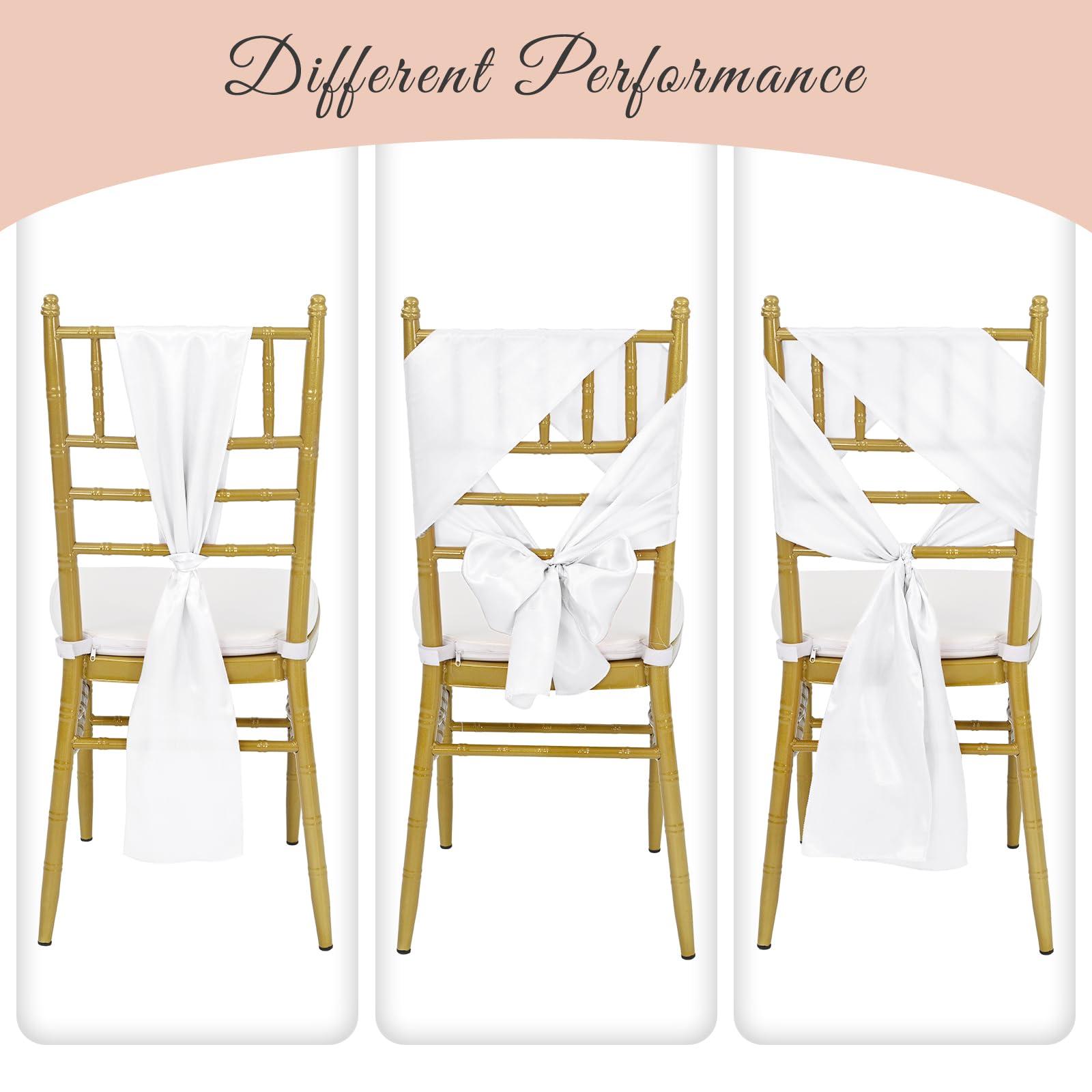 REWOMC 120 PCS Satin Chair Sashes White Shiny Chair Ribbon Ties Back Bows Designed Sashes Universal Chair Cover for Wedding Reception Gathering Birthday Party Banquet Restaurant Chair Decor (7x78inch)