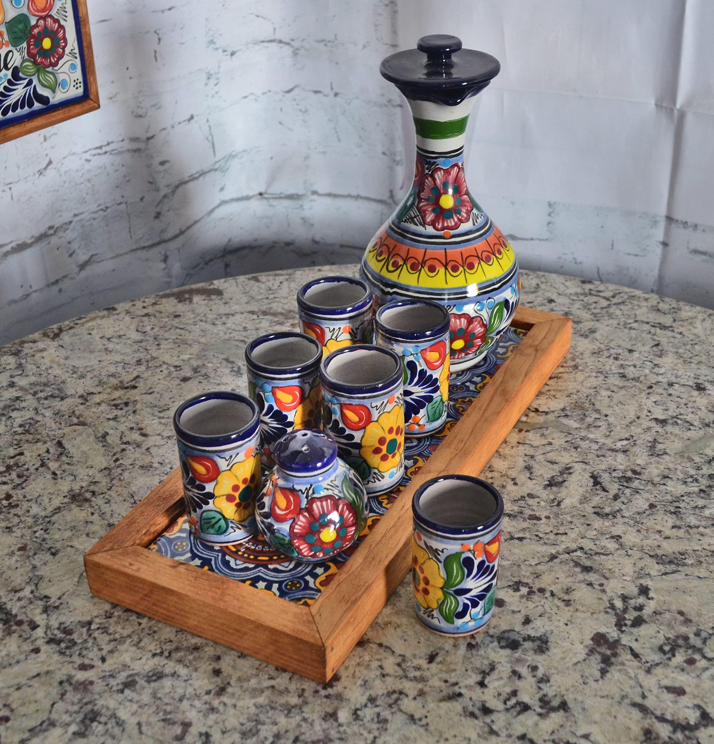 Generic Talavera tequila set, Talavera tequila set with ottoman tray, tequila gift, talavera vases CM494