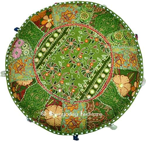 Sophia-Art Sophia-Art Indian Embroidered Patchwork Cover Indian Decorative Pouf Indian Comfortable Floor Cotton Cushion Ottoman Pouf,Indian Designs Ethnic Patchwork Pouf (Light Green, 18\"x13\")