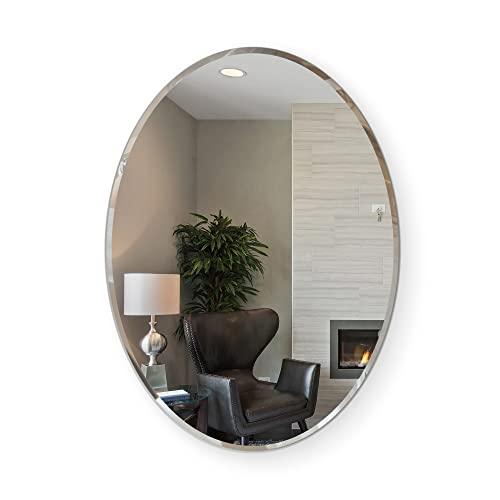 Fab Glass and Mirror Fab Glass and Mirror Oval Mirror 1" Beveled Edge - Frameless Wall Mounted Mirror with Hooks for Bathroom, Vanity Room, Bedroom, Living Room 22"x39"